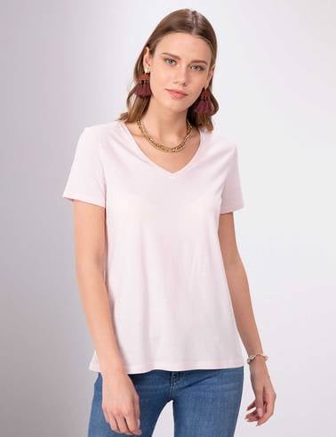 Toz Pembe Regular Fit V Yaka Tişört