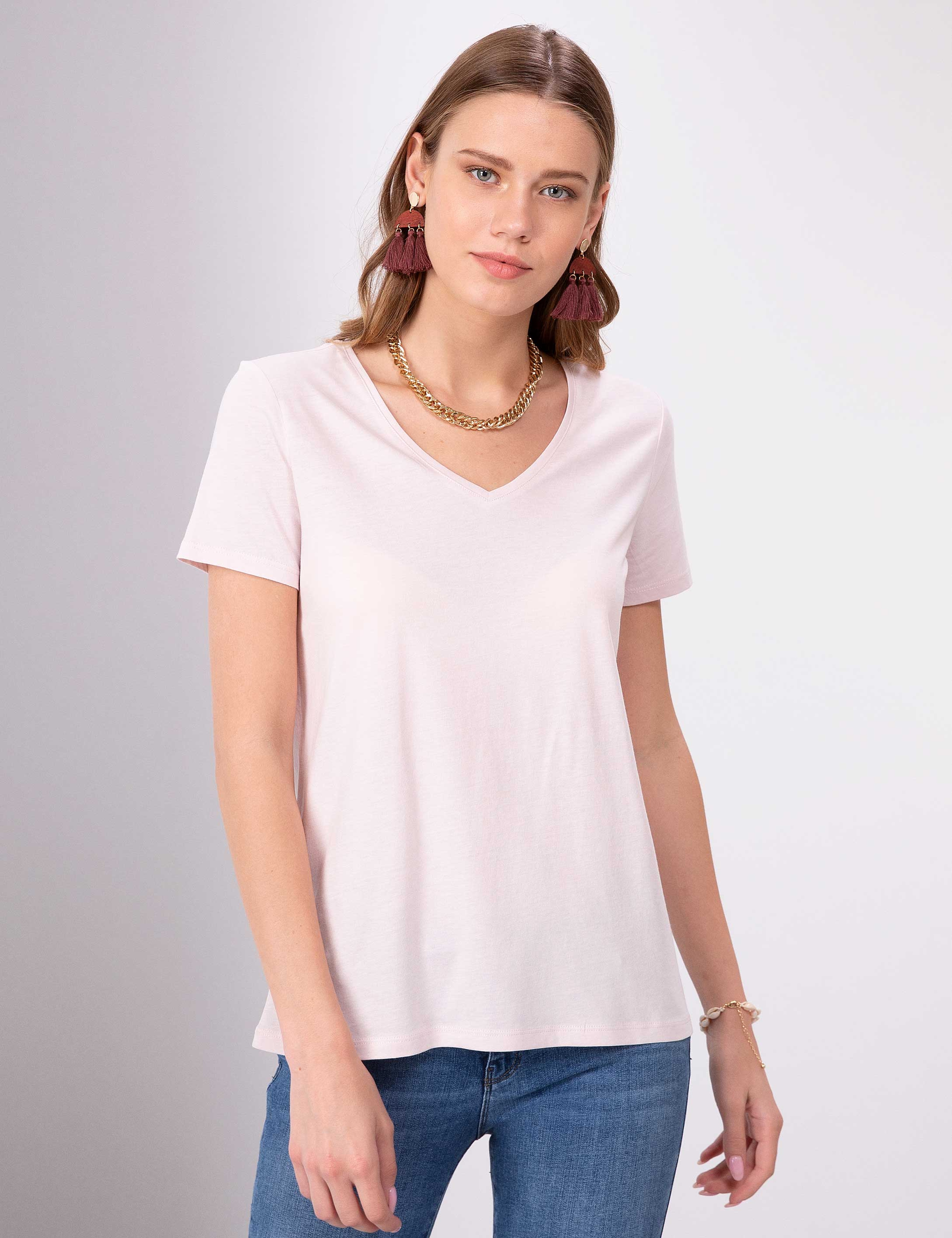 Toz Pembe Regular Fit V Yaka Tişört - Image 2