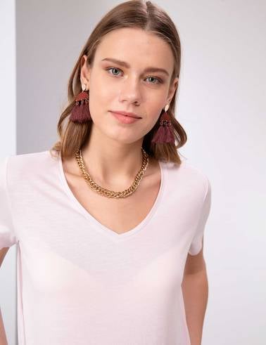 Toz Pembe Regular Fit V Yaka Tişört
