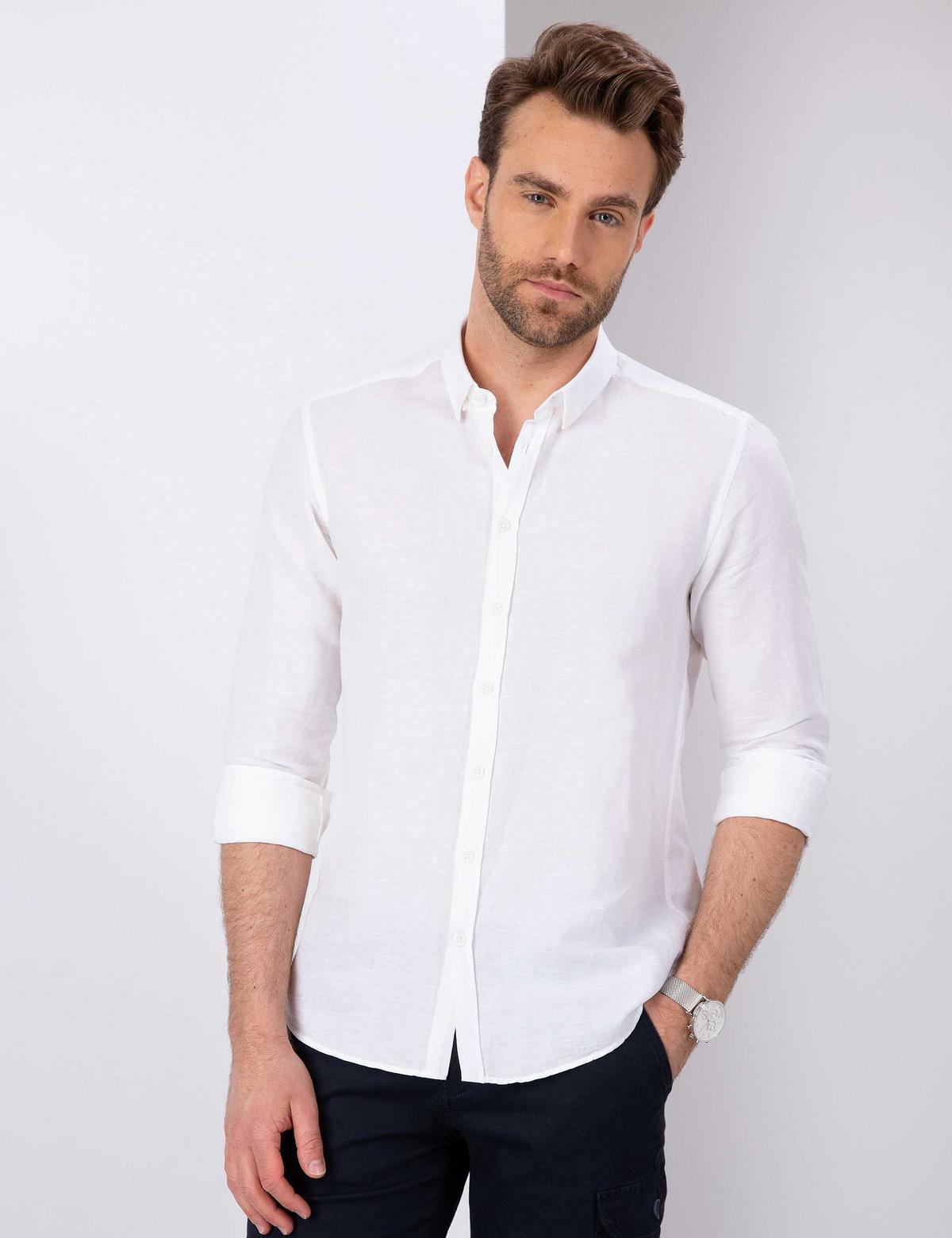 Beyaz Slim Fit Keten Karışımlı Gömlek - 50202802016