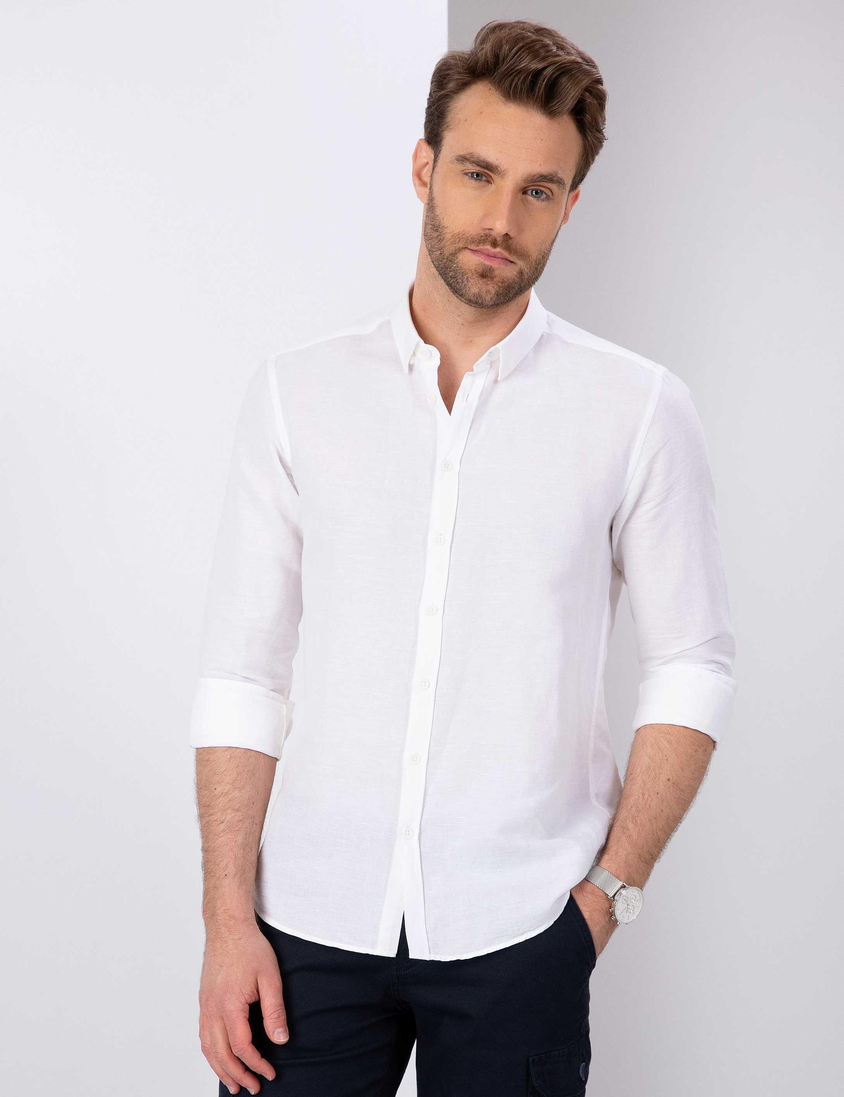 Beyaz Slim Fit Keten Karışımlı Gömlek