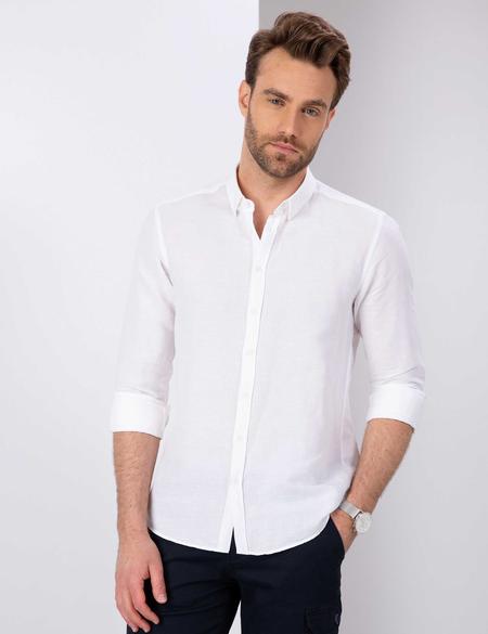 Beyaz Slim Fit Keten Karışımlı Gömlek - 50202802016