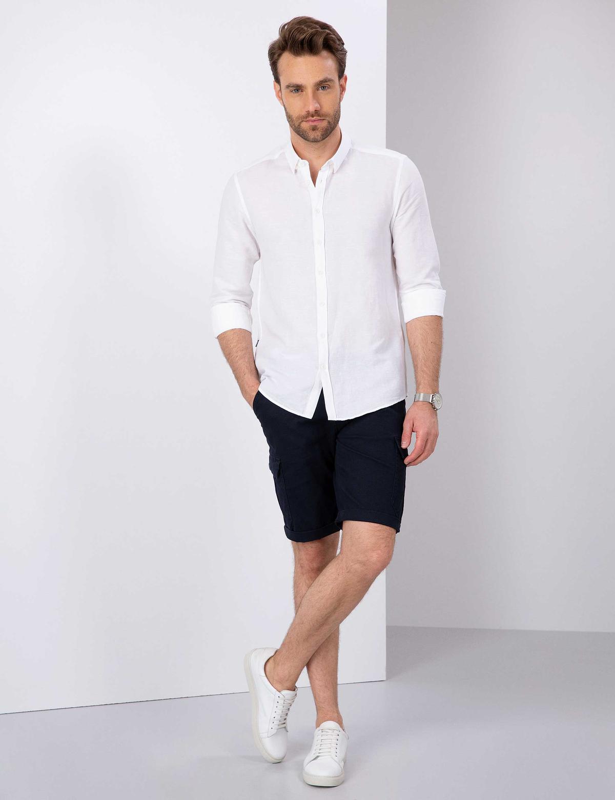 Beyaz Slim Fit Keten Karışımlı Gömlek - 50202802016