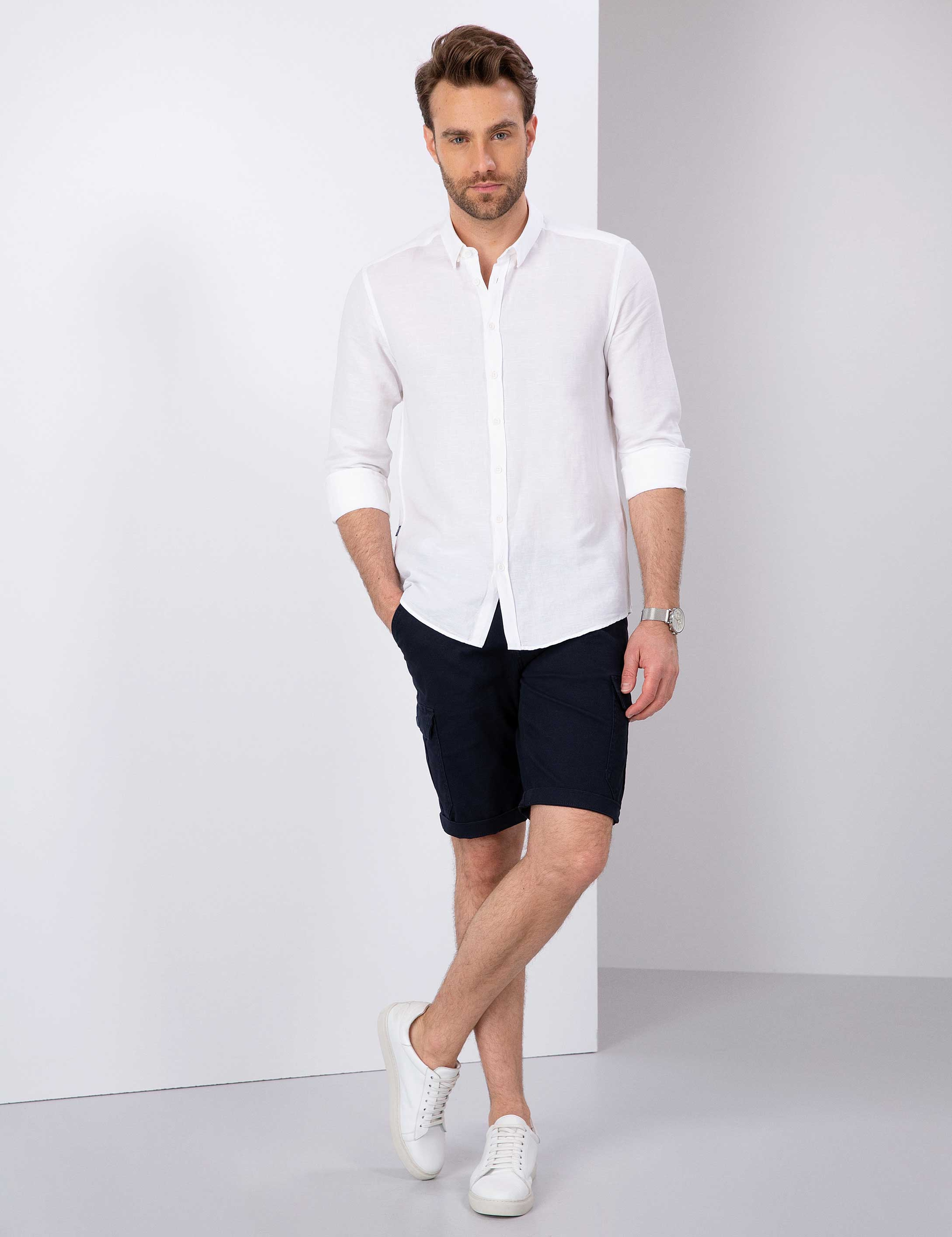 Beyaz Slim Fit Keten Karışımlı Gömlek - Image 4