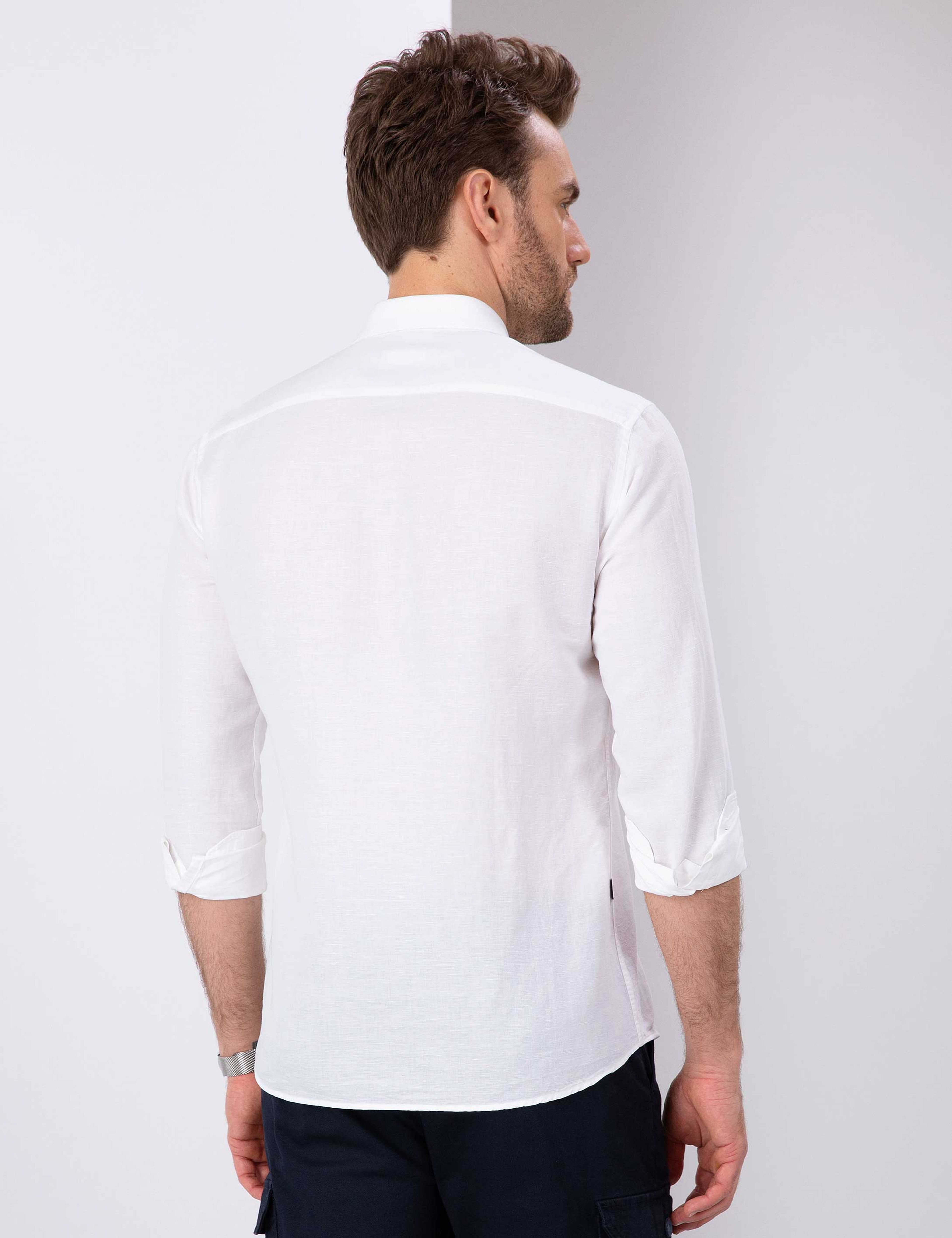 Beyaz Slim Fit Keten Karışımlı Gömlek - Image 3