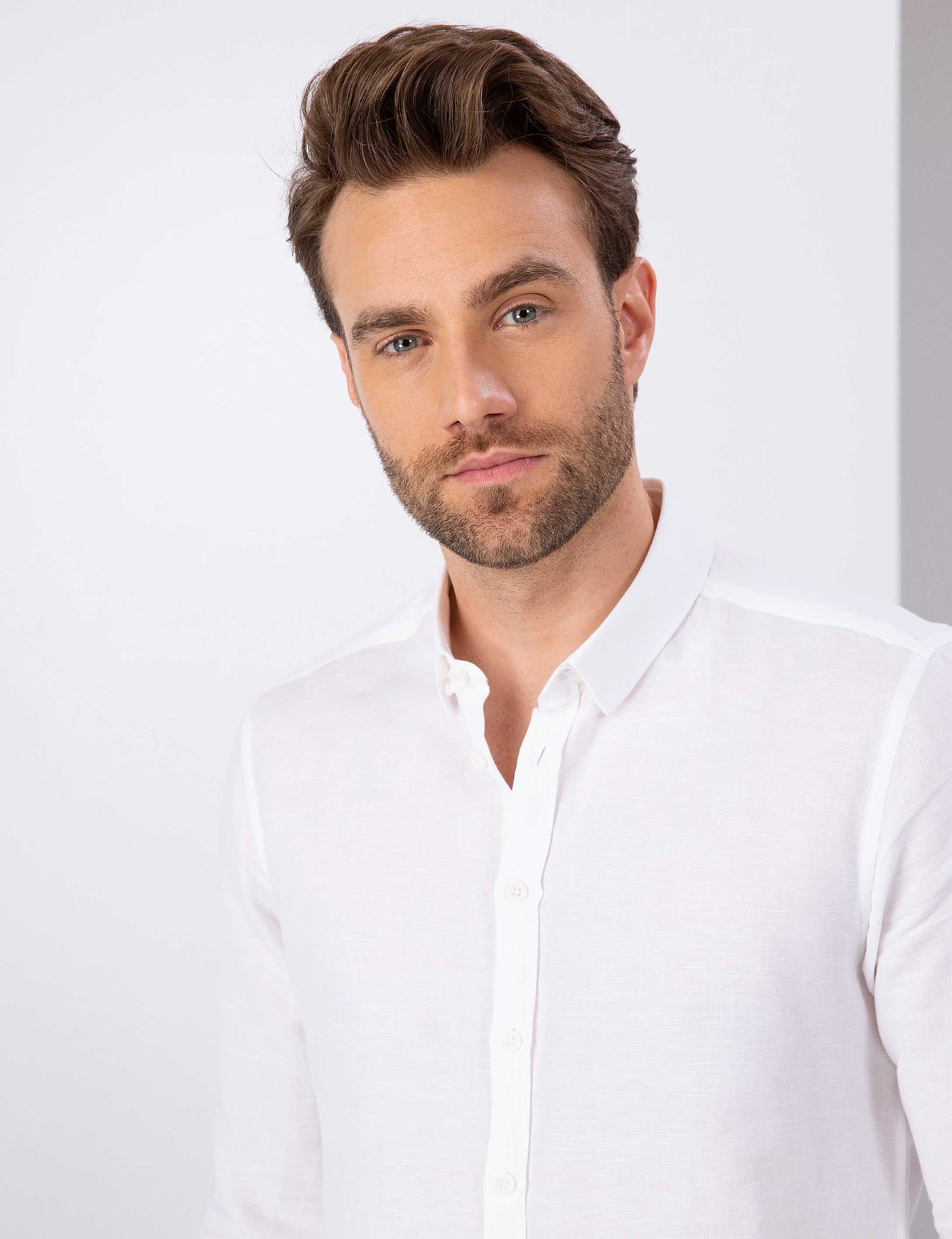 Beyaz Slim Fit Keten Karışımlı Gömlek