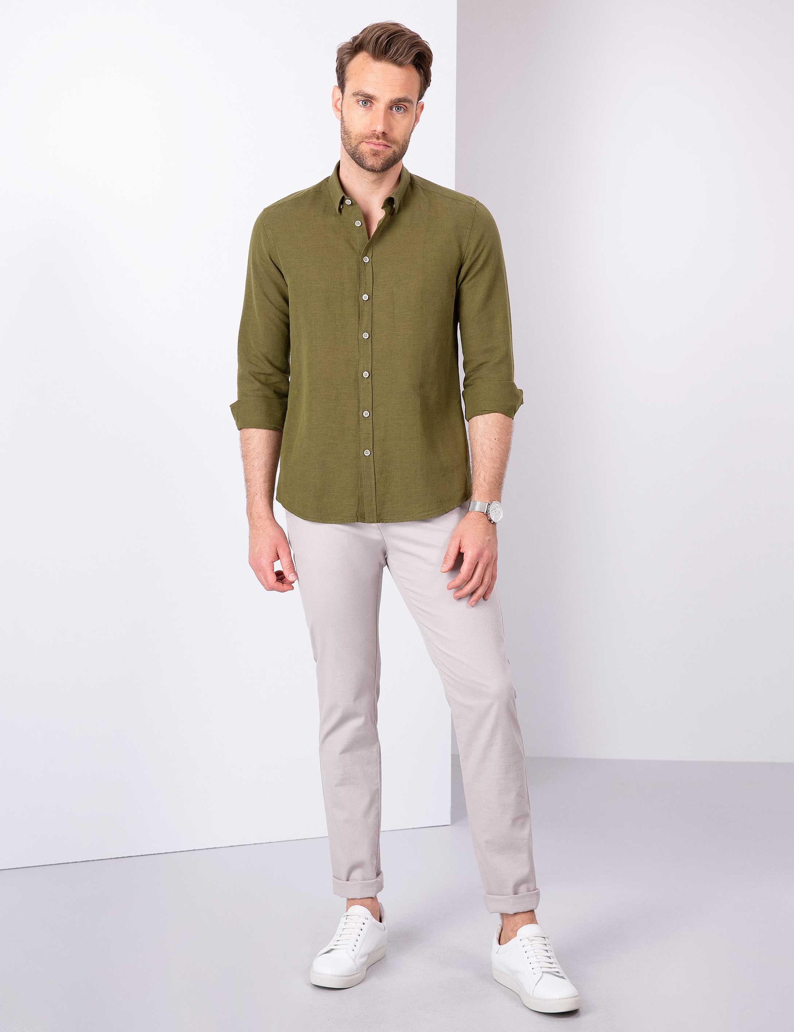 Haki Slim Fit Uzun Kollu Gömlek