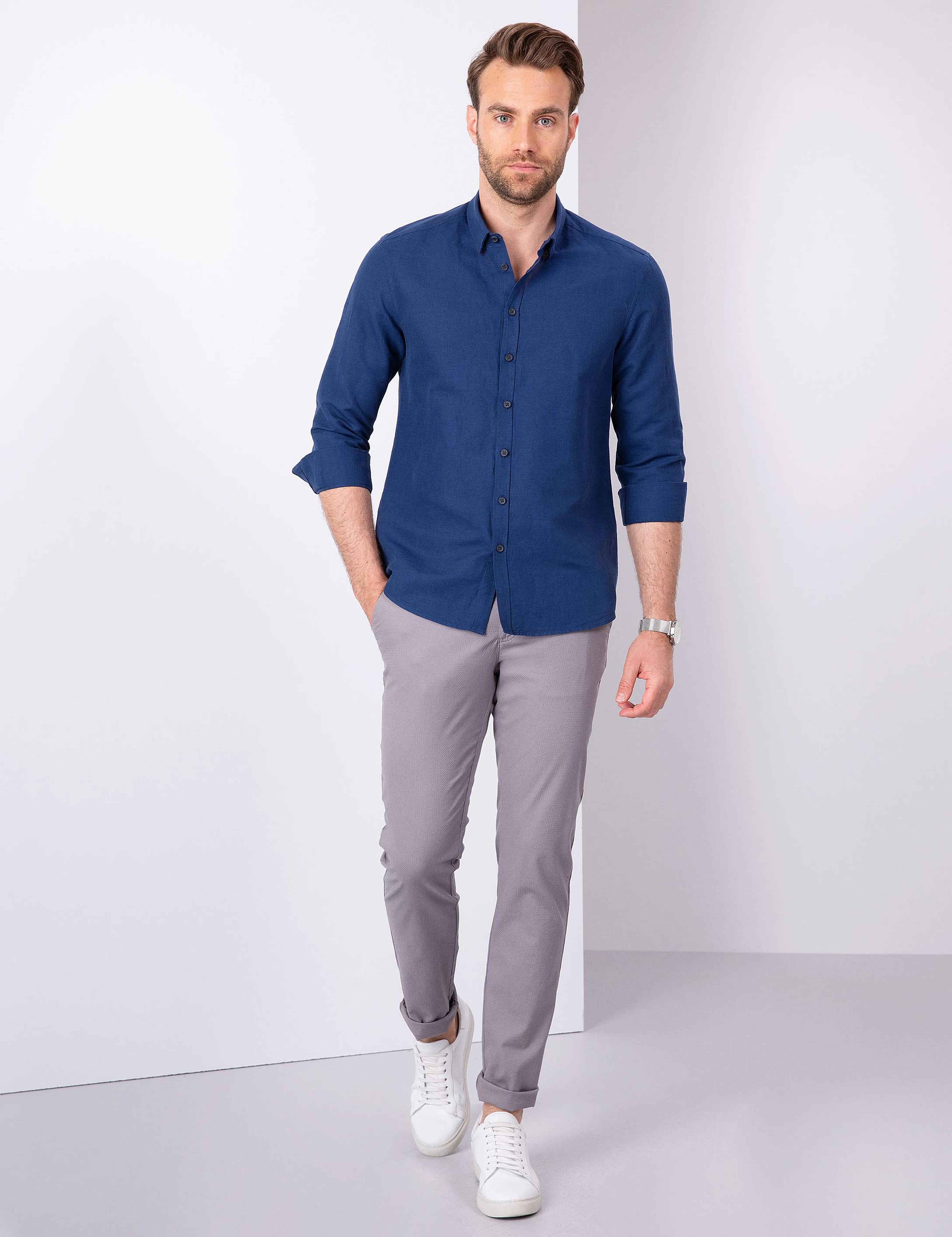 Lacivert Slim Fit Uzun Kollu Gömlek - Image 4