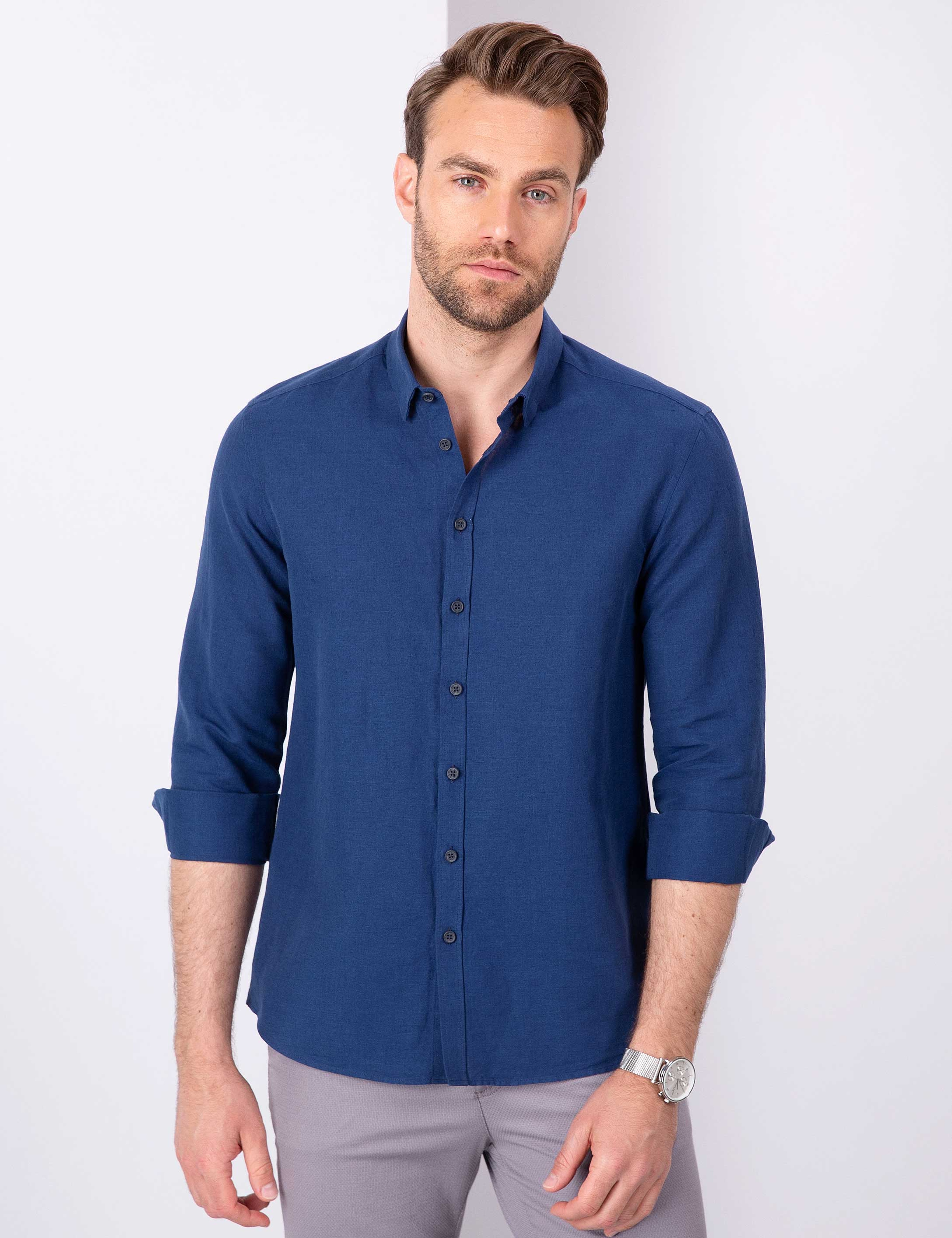 Lacivert Slim Fit Uzun Kollu Gömlek