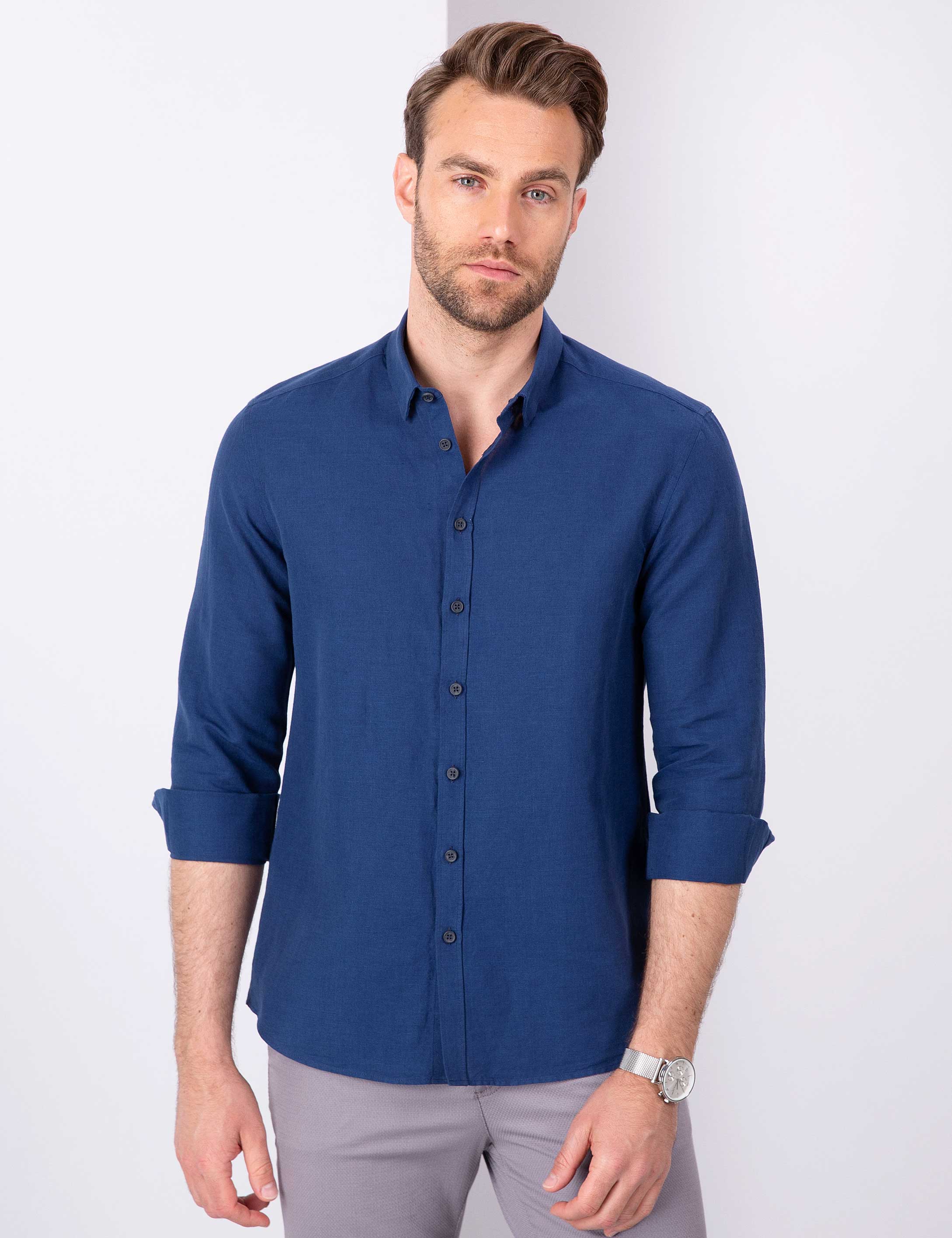Lacivert Slim Fit Uzun Kollu Gömlek