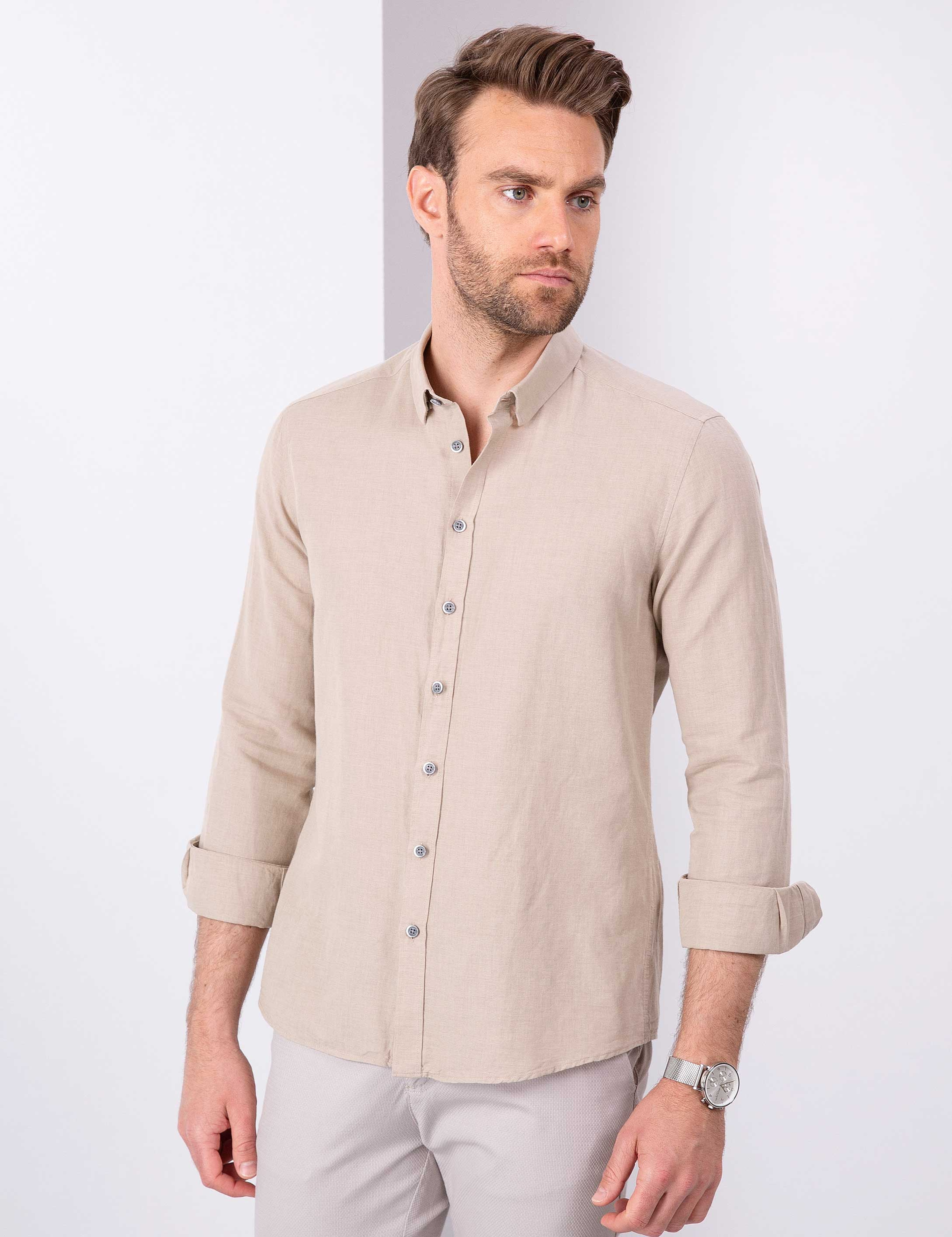 Taş Slim Fit Keten Karışımlı Gömlek - Image 1