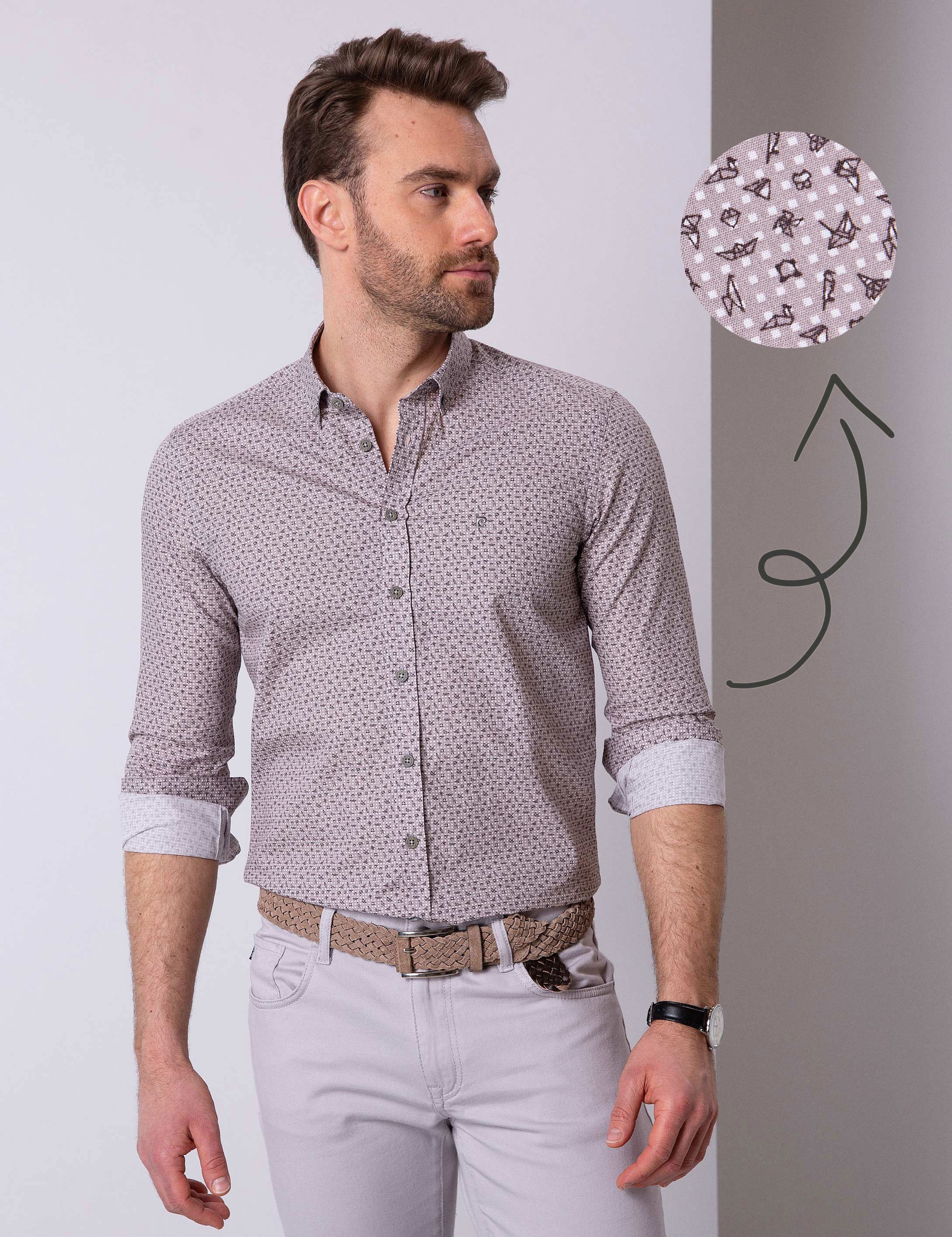 Açık Gri Slim Fit Uzun Kollu Gömlek - Image 1