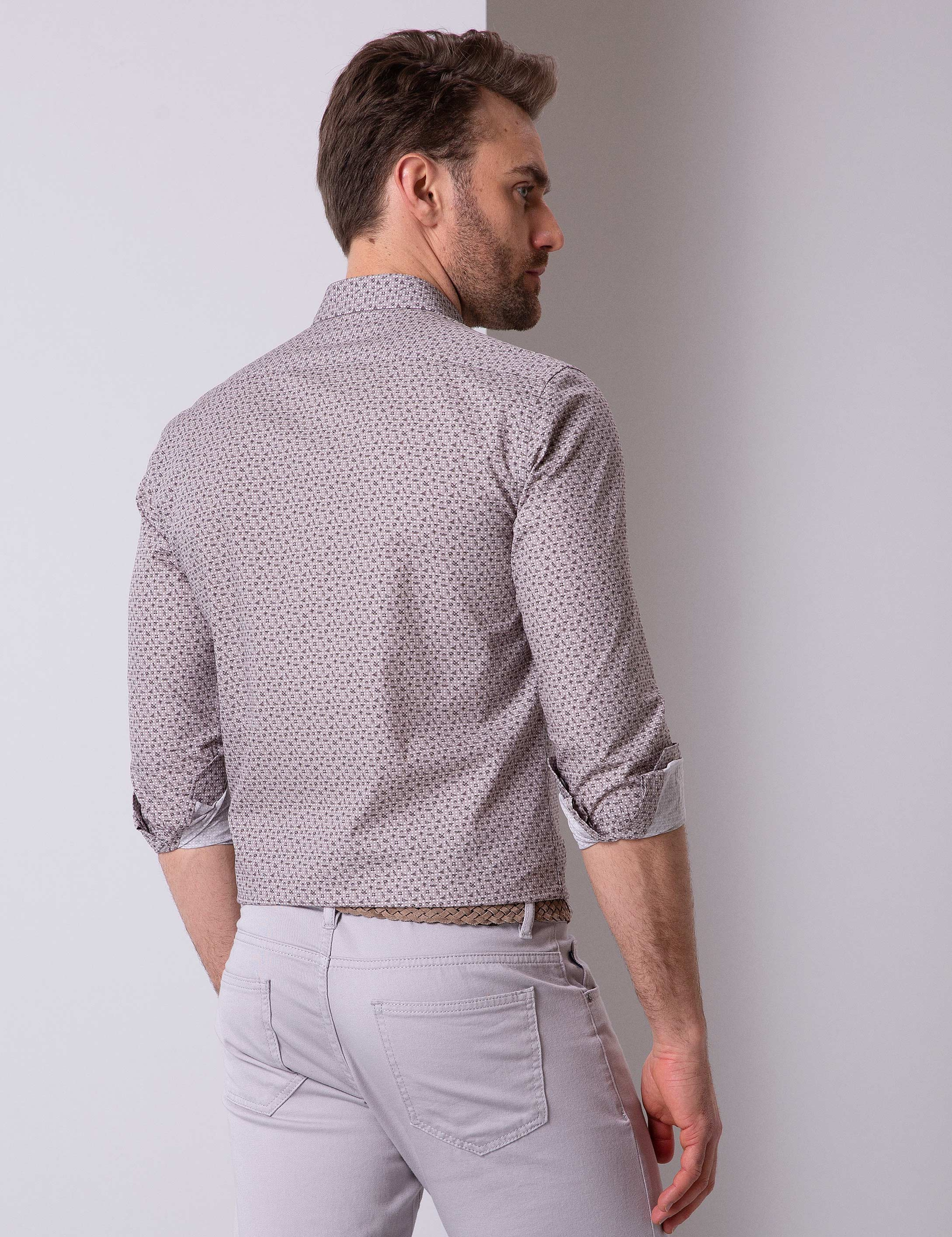 Açık Gri Slim Fit Uzun Kollu Gömlek - Image 3