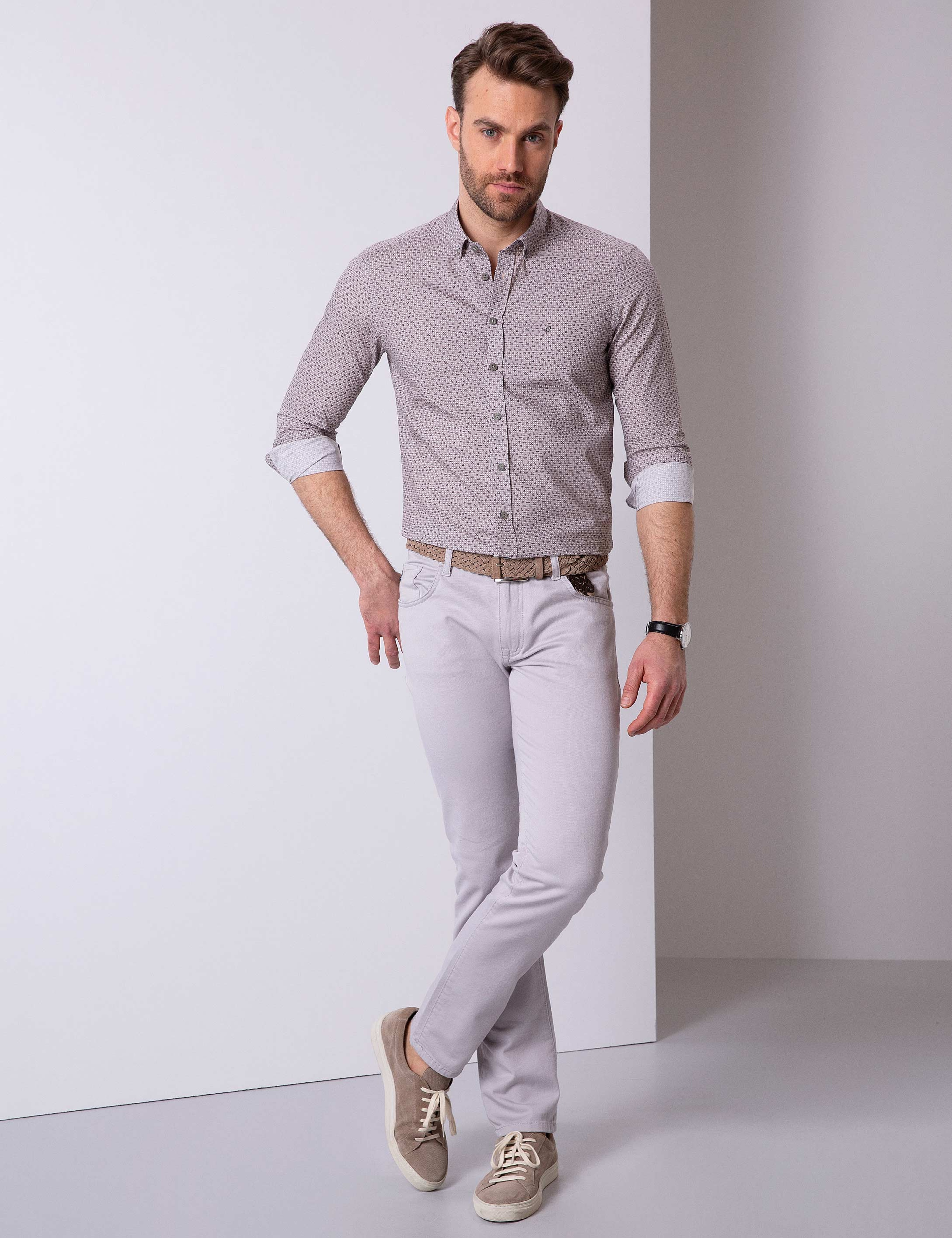 Açık Gri Slim Fit Uzun Kollu Gömlek - Image 2