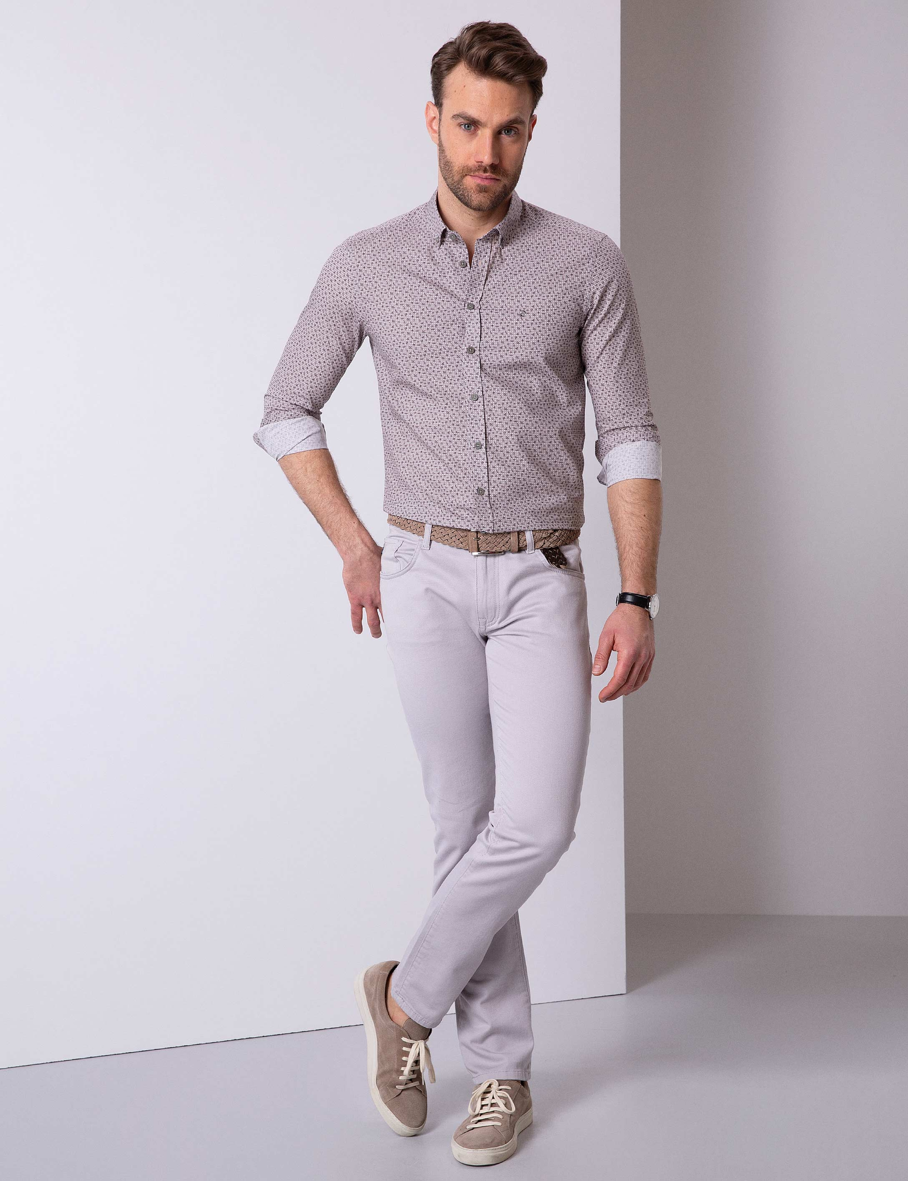 Açık Gri Slim Fit Uzun Kollu Gömlek