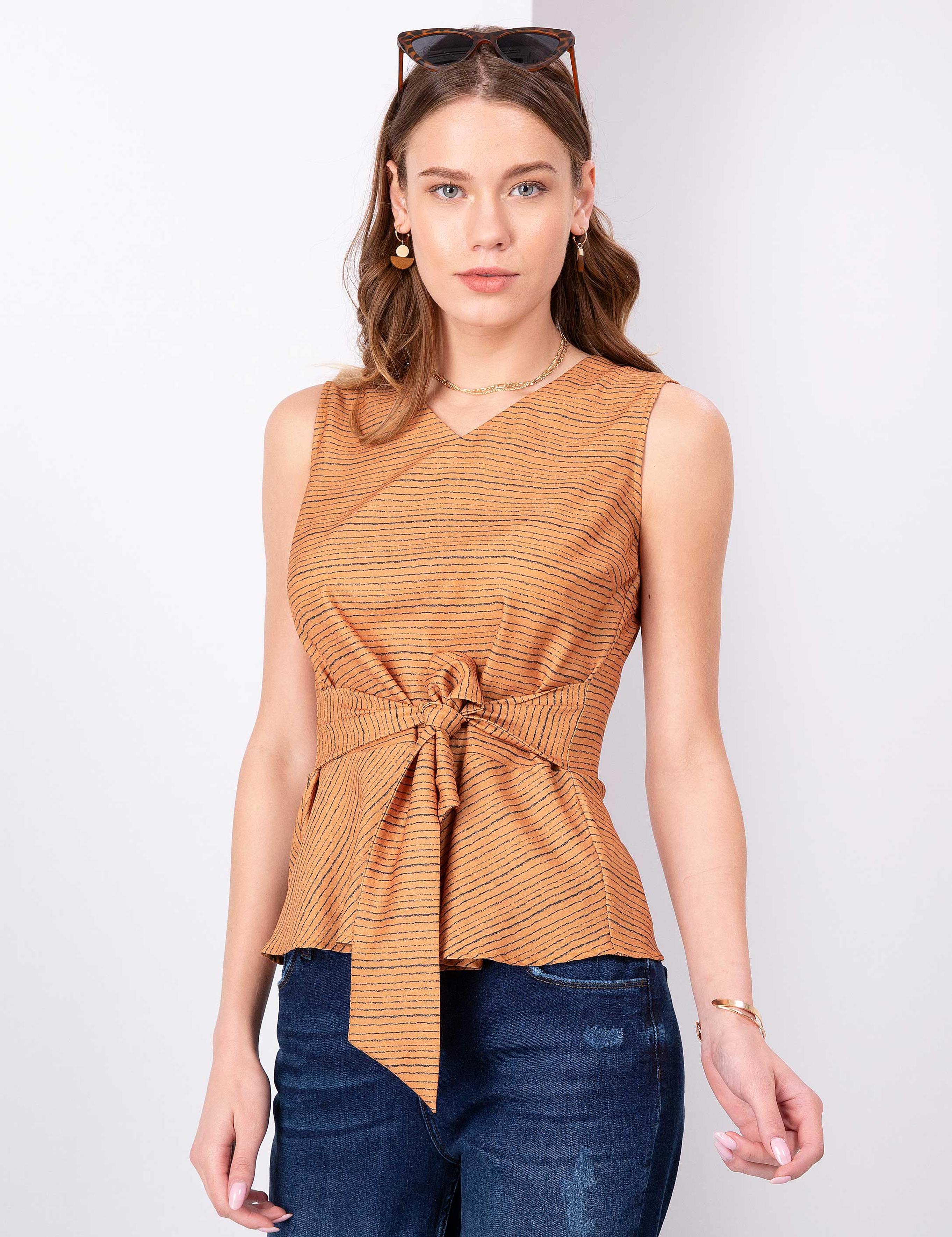 Safran Slim Fit V Yaka Bluz