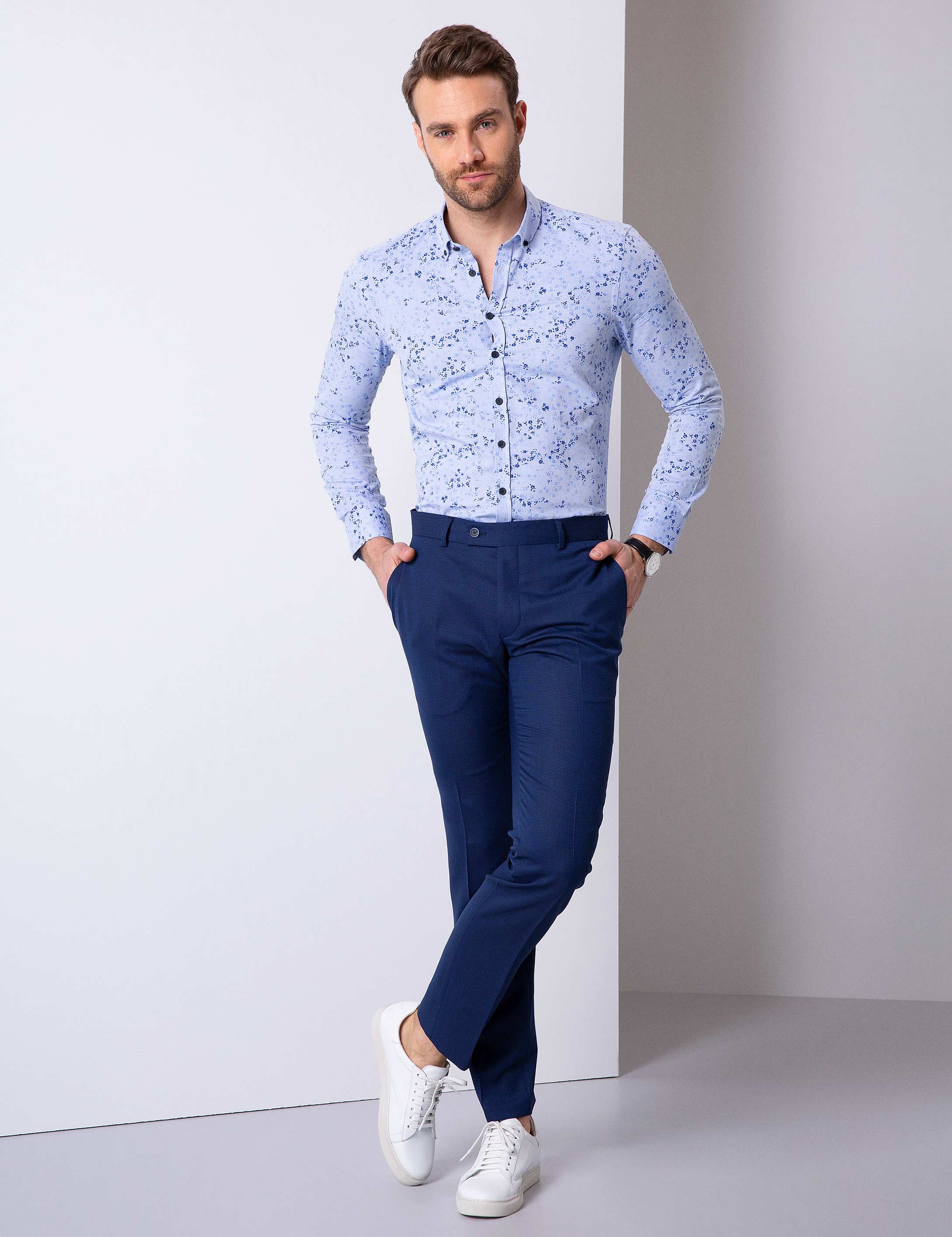 Mavi Slim Fit Uzun Kollu Gömlek - Image 2