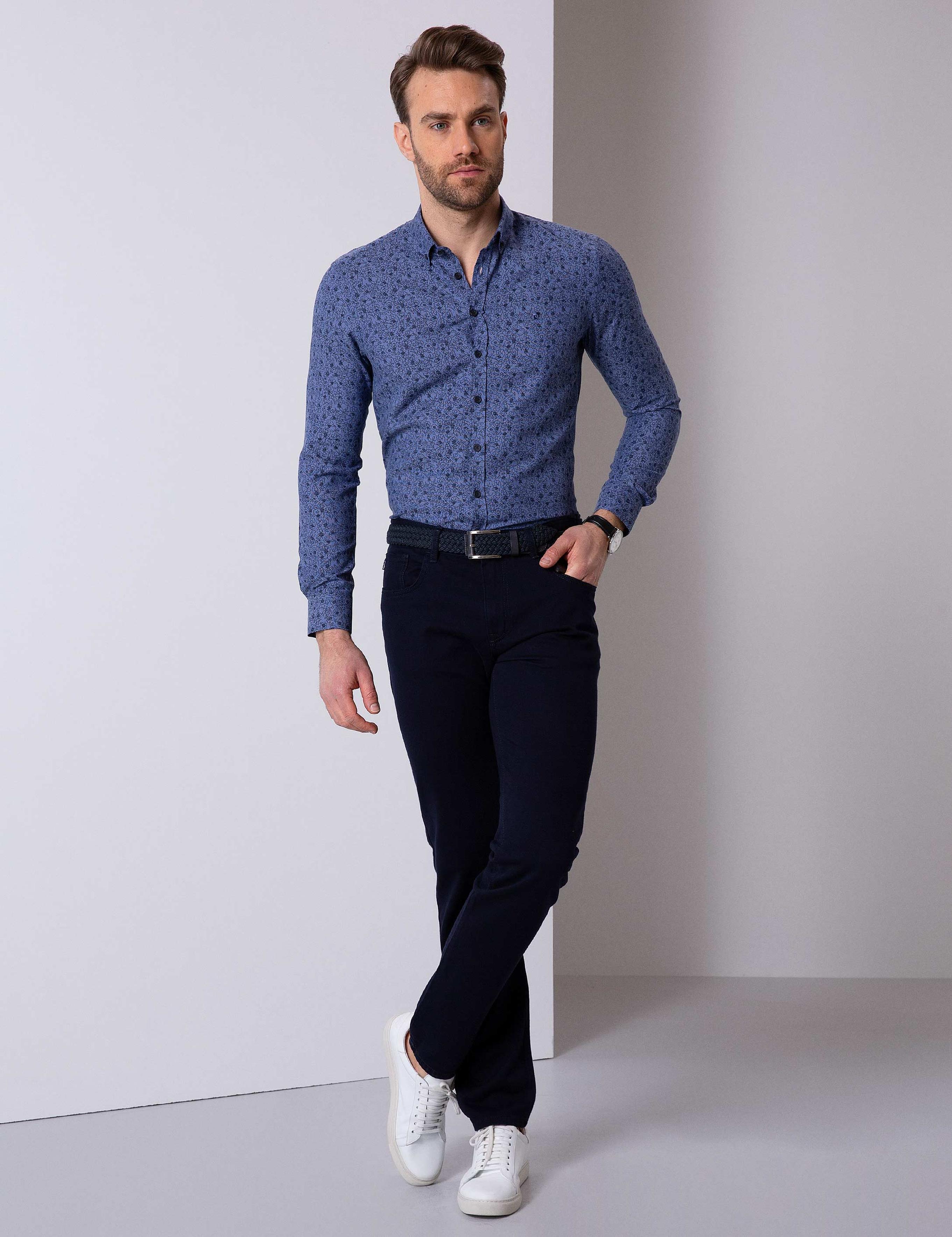 Lacivert Slim Fit Uzun Kollu Gömlek