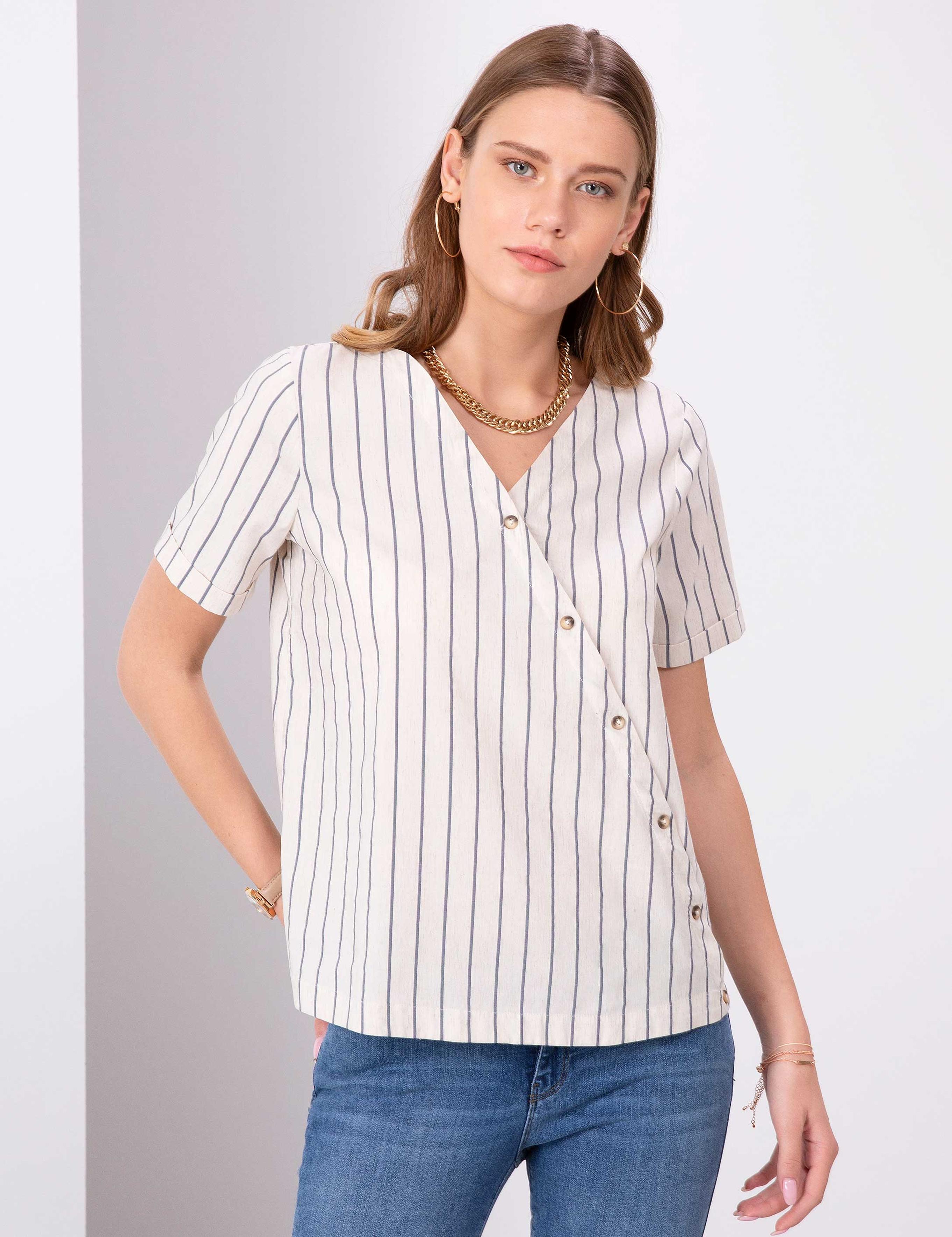 Lacivert Crop Çizgili Kısa Kollu Bluz