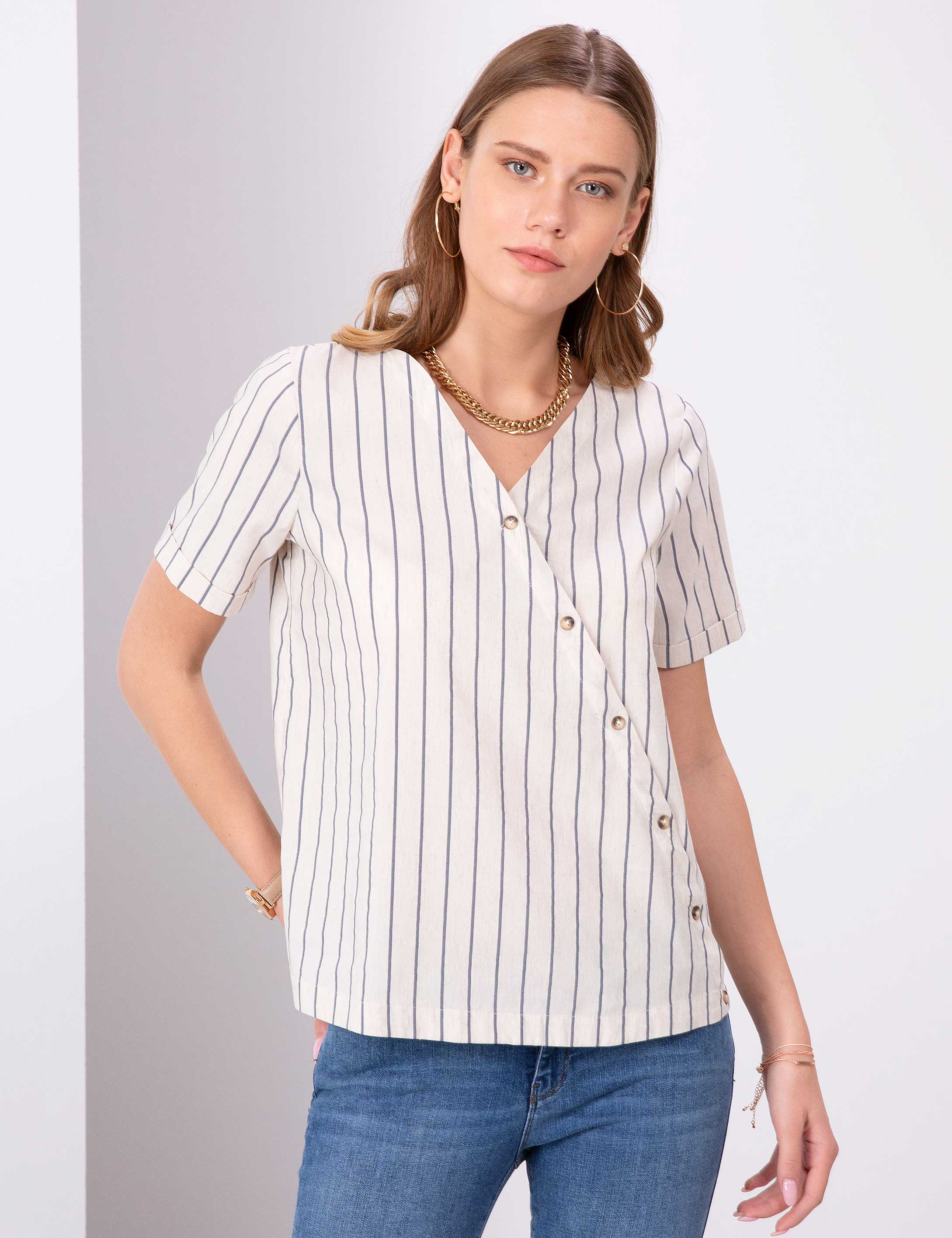 Lacivert Crop Çizgili Kısa Kollu Bluz