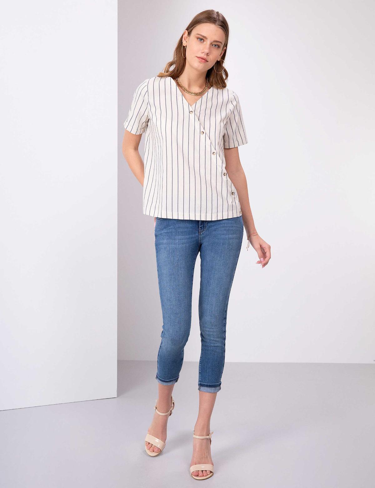 Lacivert Crop Çizgili Kısa Kollu Bluz - 50203443002