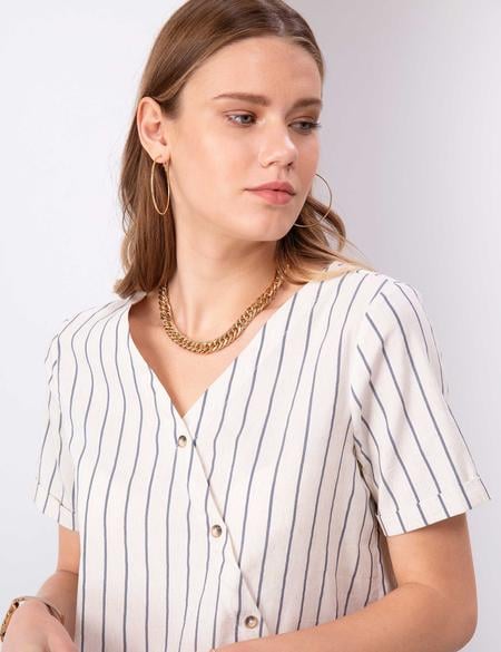 Lacivert Crop Çizgili Kısa Kollu Bluz - 50203443002