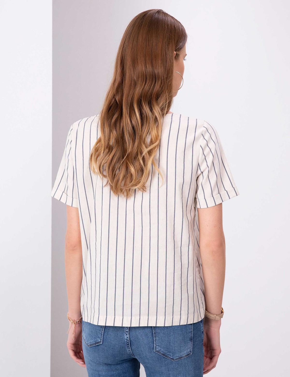 Lacivert Crop Çizgili Kısa Kollu Bluz - 50203443002