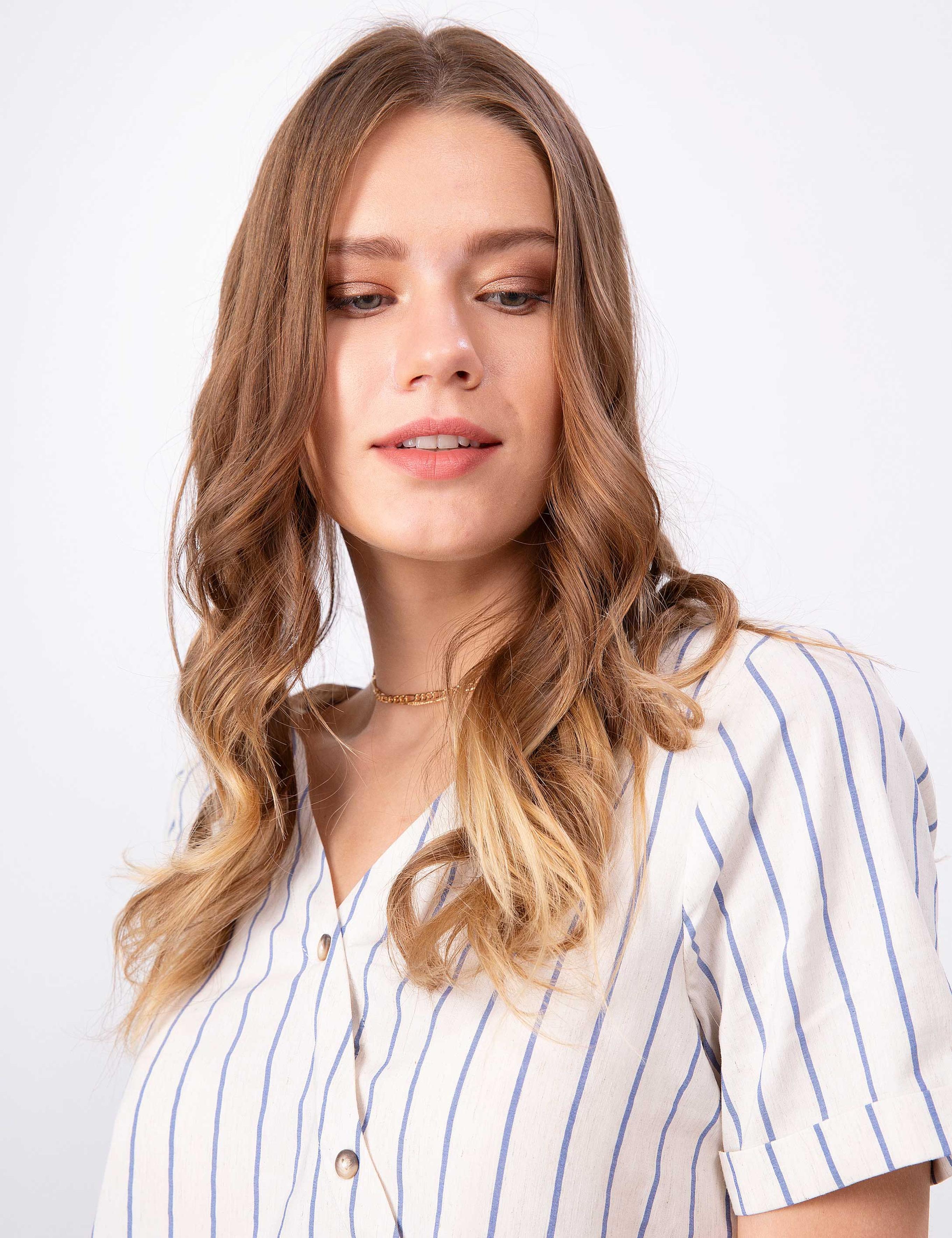 Açık Mavi Crop Çizgili Kısa Kollu Bluz