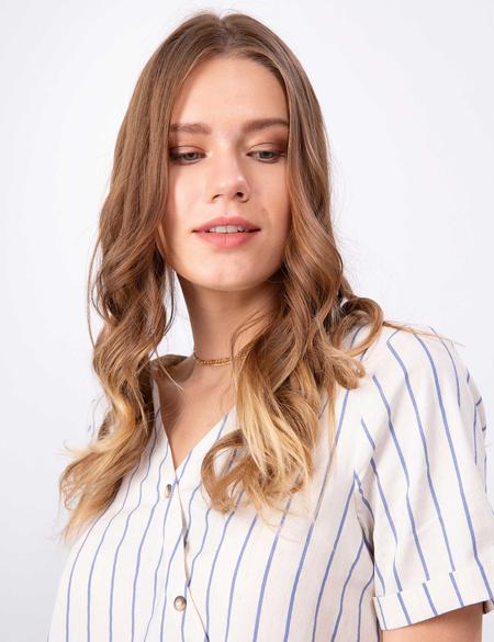 Açık Mavi Crop Çizgili Kısa Kollu Bluz - 50203443006