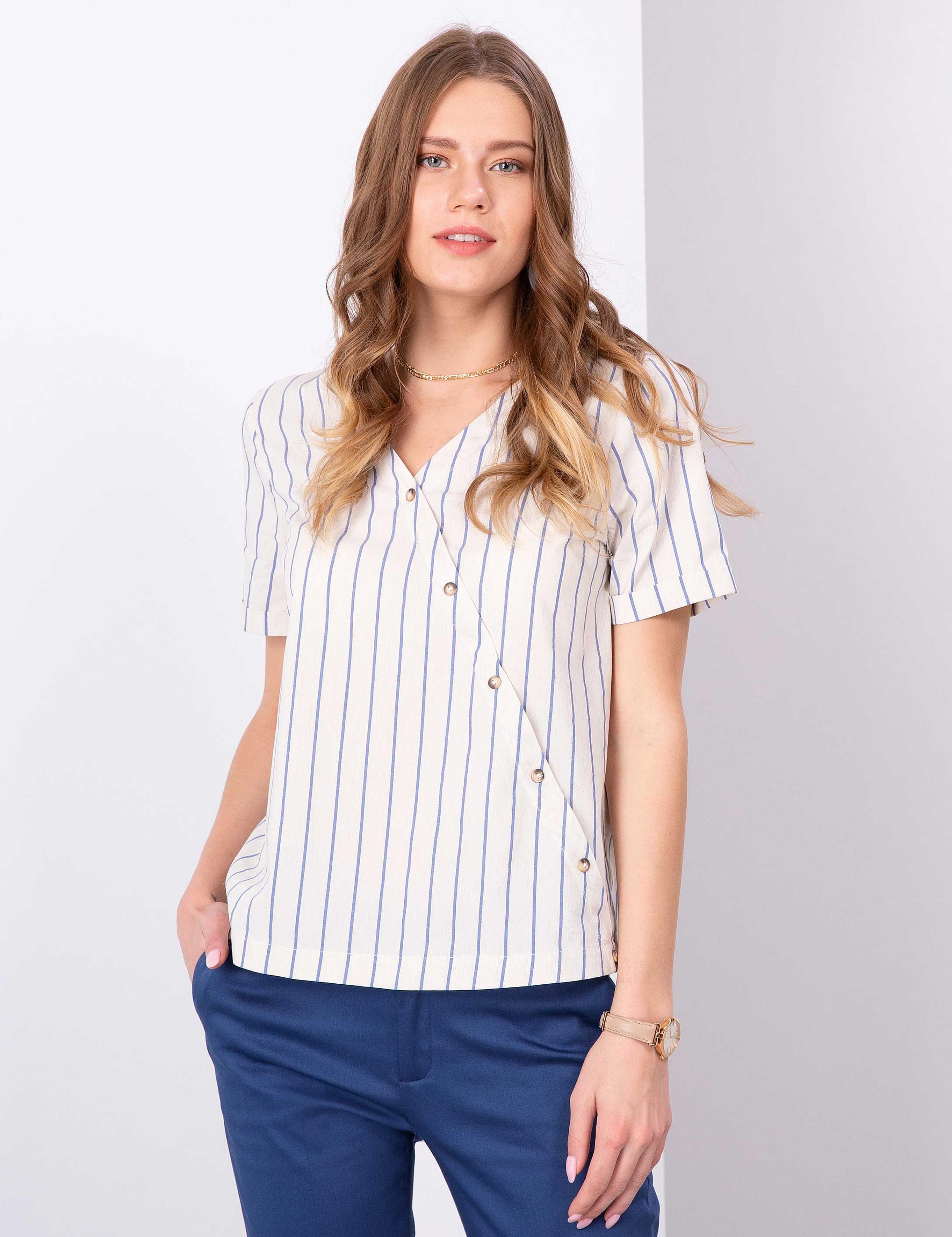 Açık Mavi Crop Çizgili Kısa Kollu Bluz