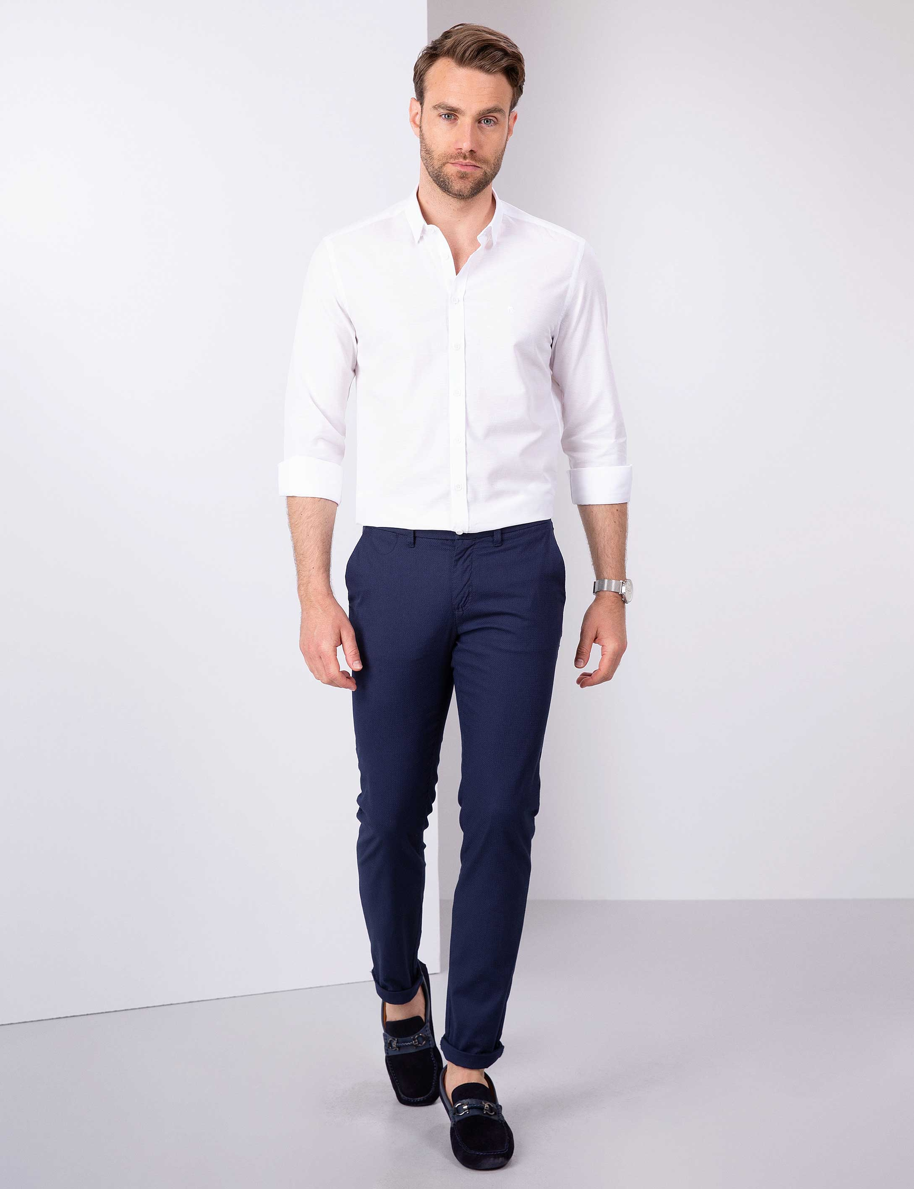 Beyaz Slim Fit Keten Karışımlı Gömlek