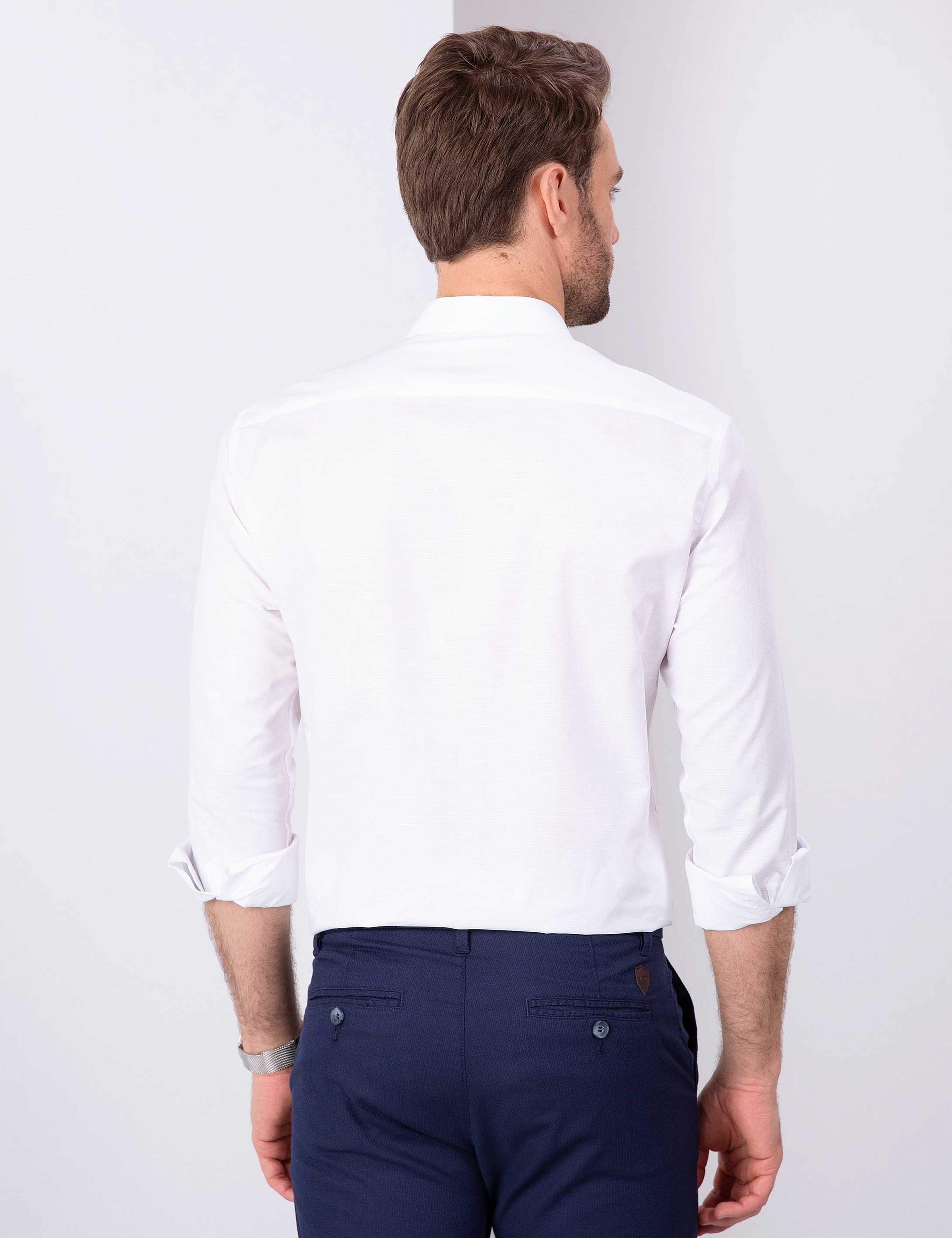 Beyaz Slim Fit Keten Karışımlı Gömlek - Image 3