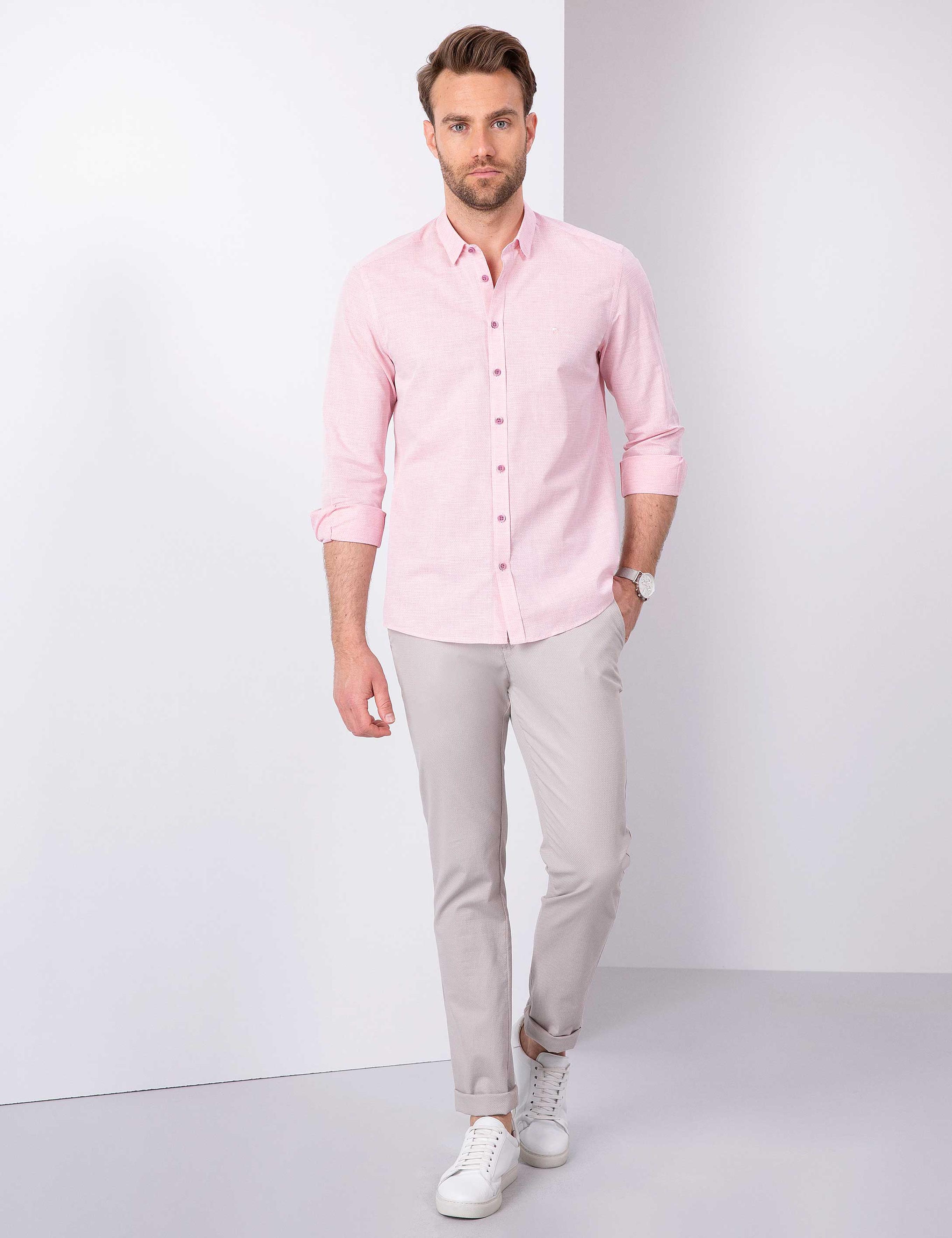 Kırmızı Slim Fit Uzun Kollu Gömlek