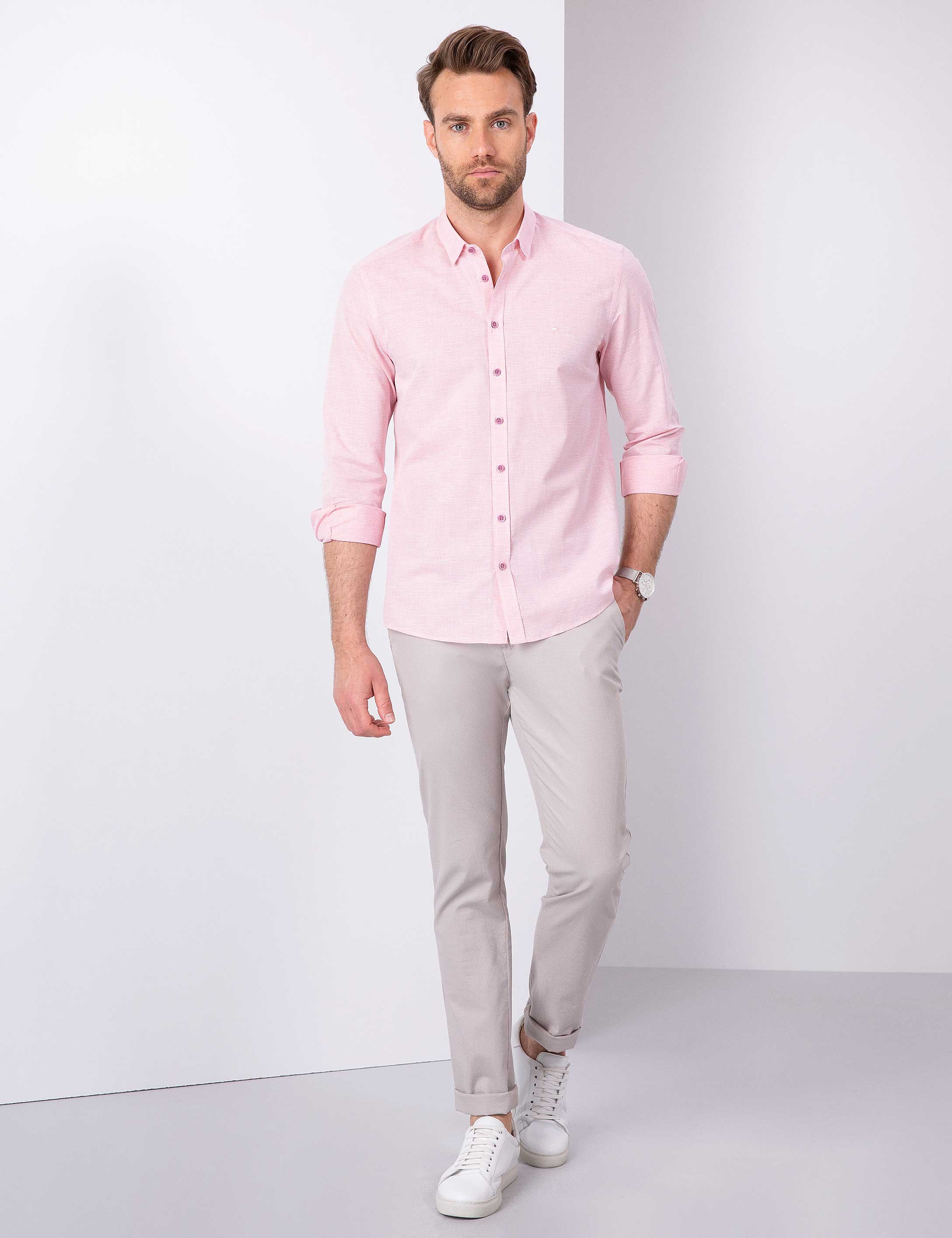 Kırmızı Slim Fit Uzun Kollu Gömlek - Image 4