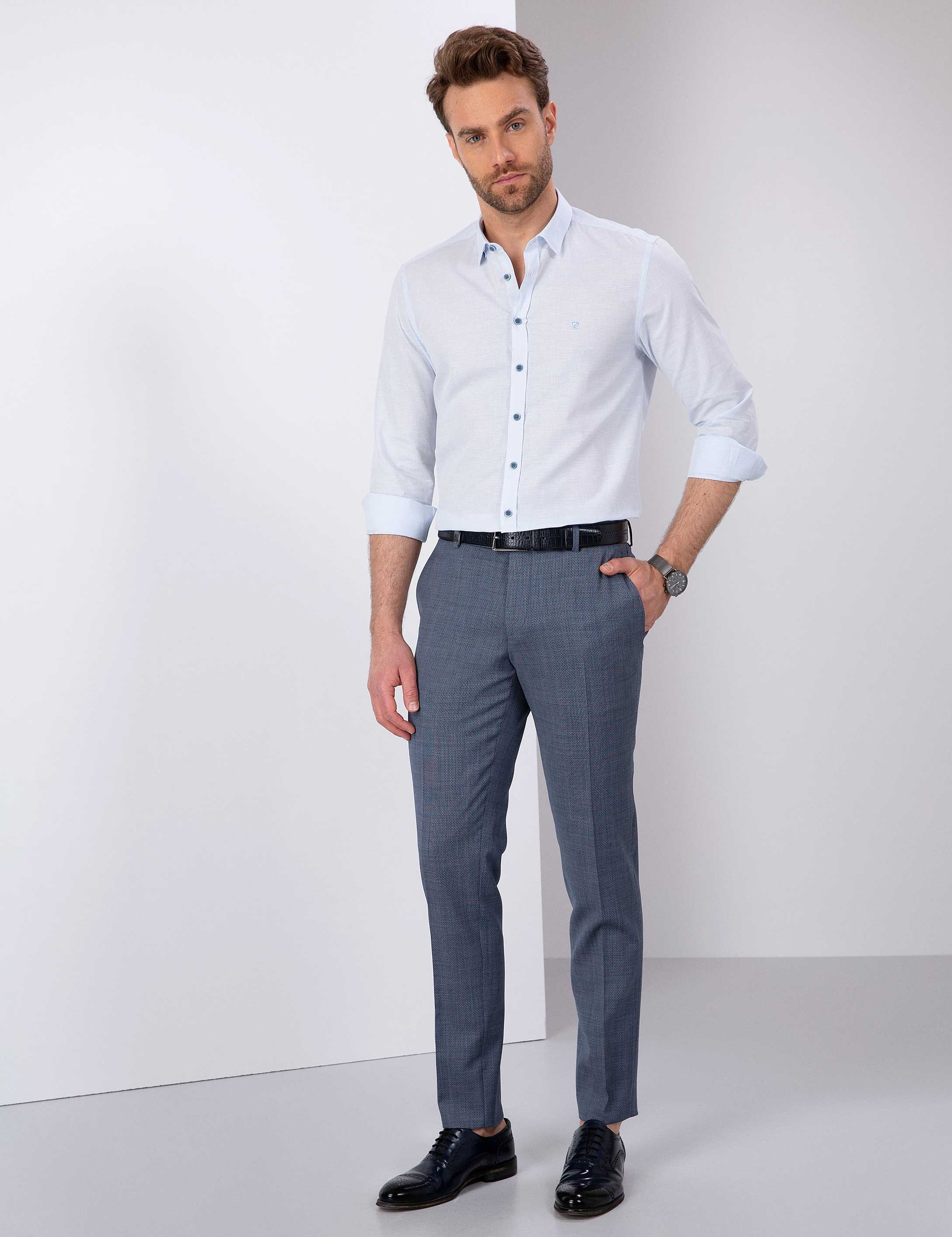 Açık Mavi Slim Fit Uzun Kollu Gömlek - Image 4