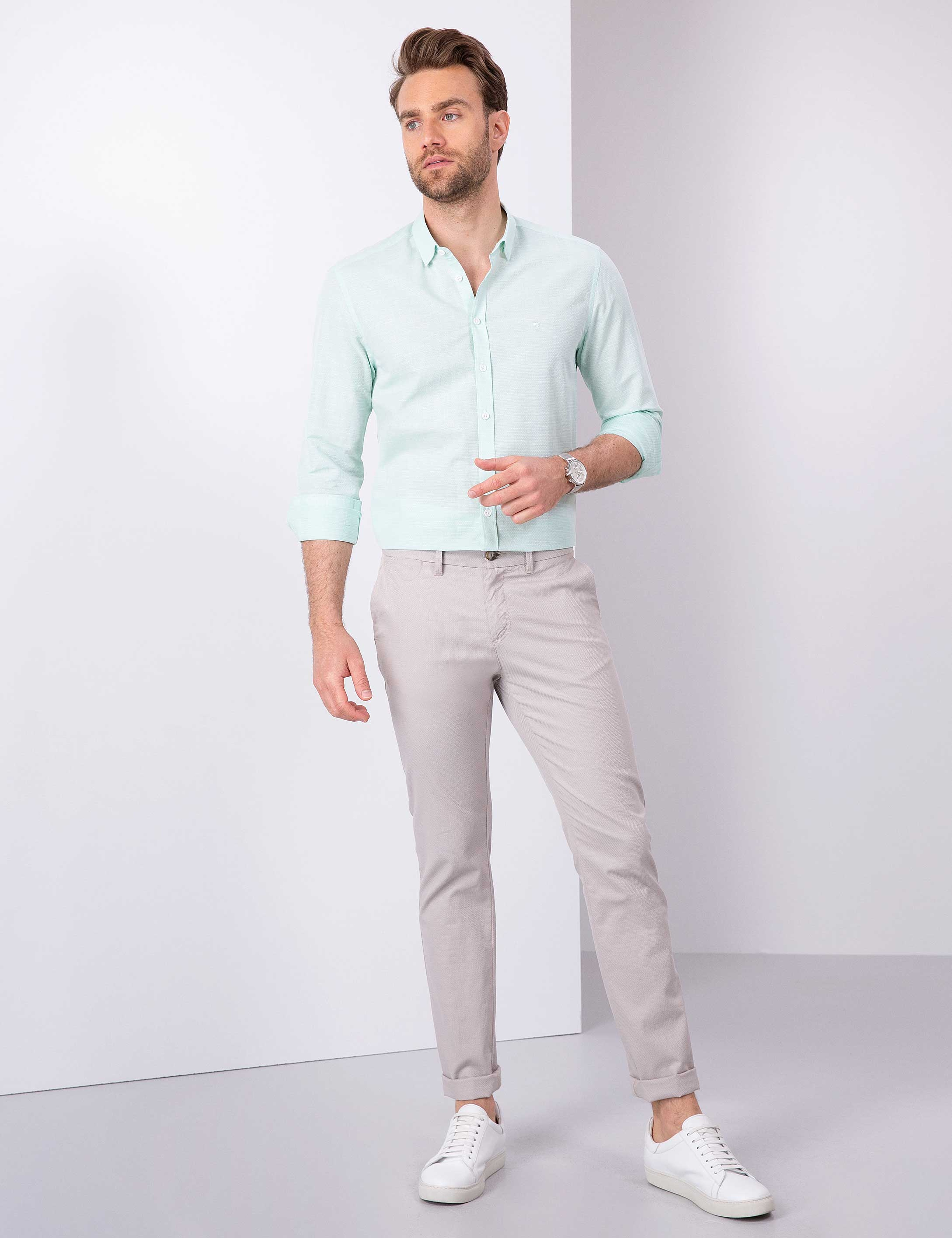 Yeşil Slim Fit Uzun Kollu Gömlek