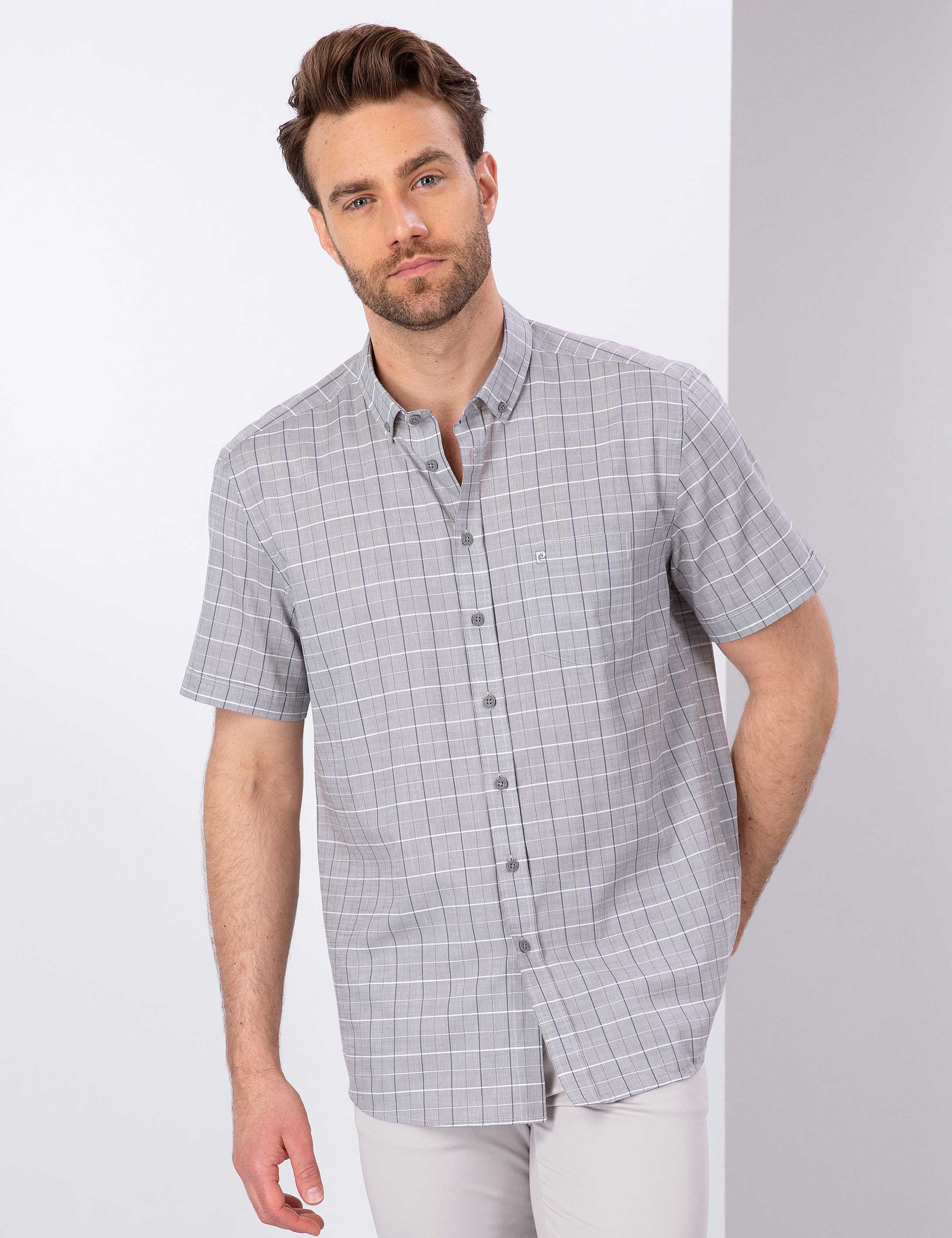 Gri Regular Fit Kısa Kollu Gömlek - Image 2