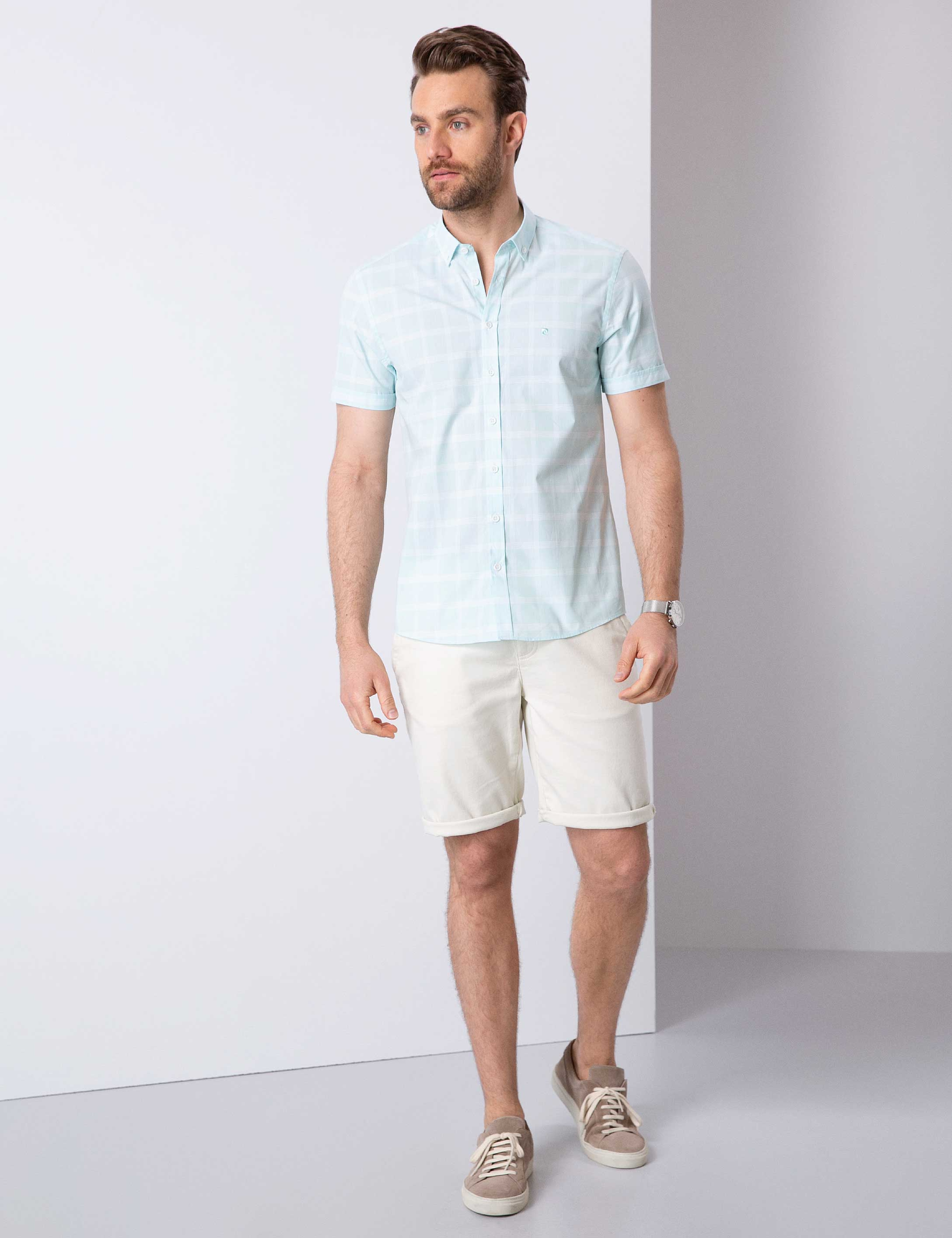 Mint Yeşil Slim Fit Kısa Kollu Gömlek - Image 3