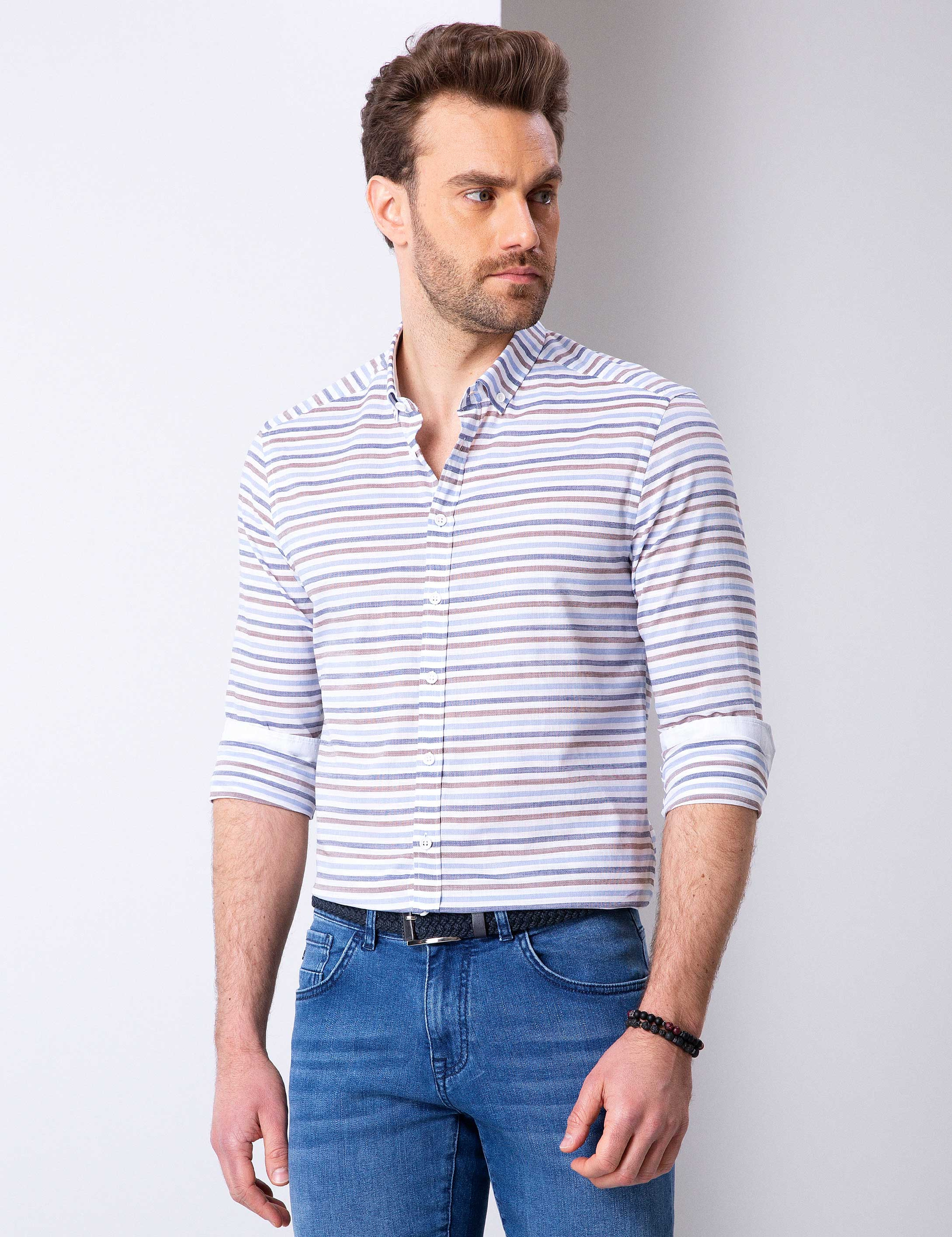 Mavi Slim Fit Uzun Kollu Gömlek - Image 2