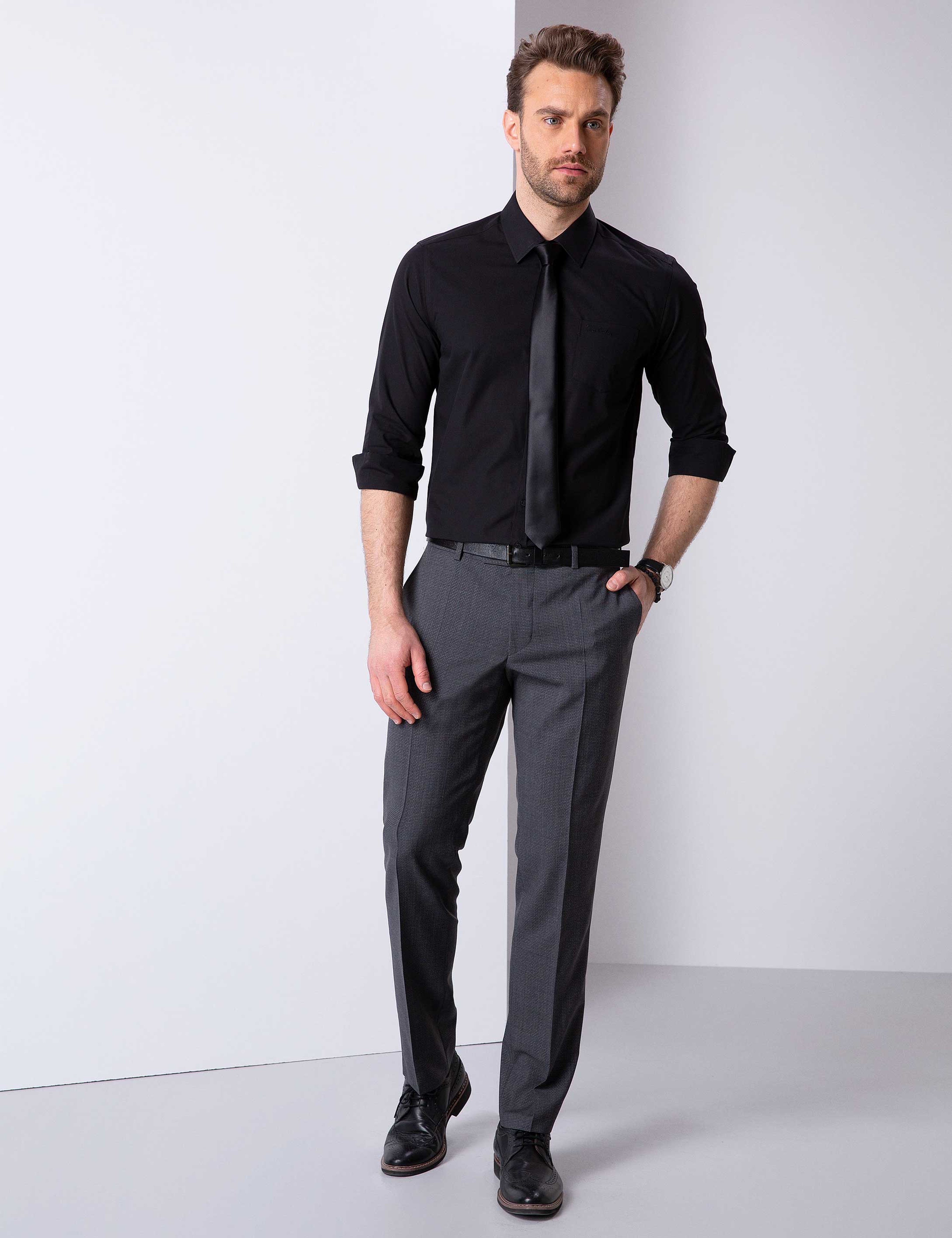 Siyah Regular Fit Basic Gömlek - Image 3