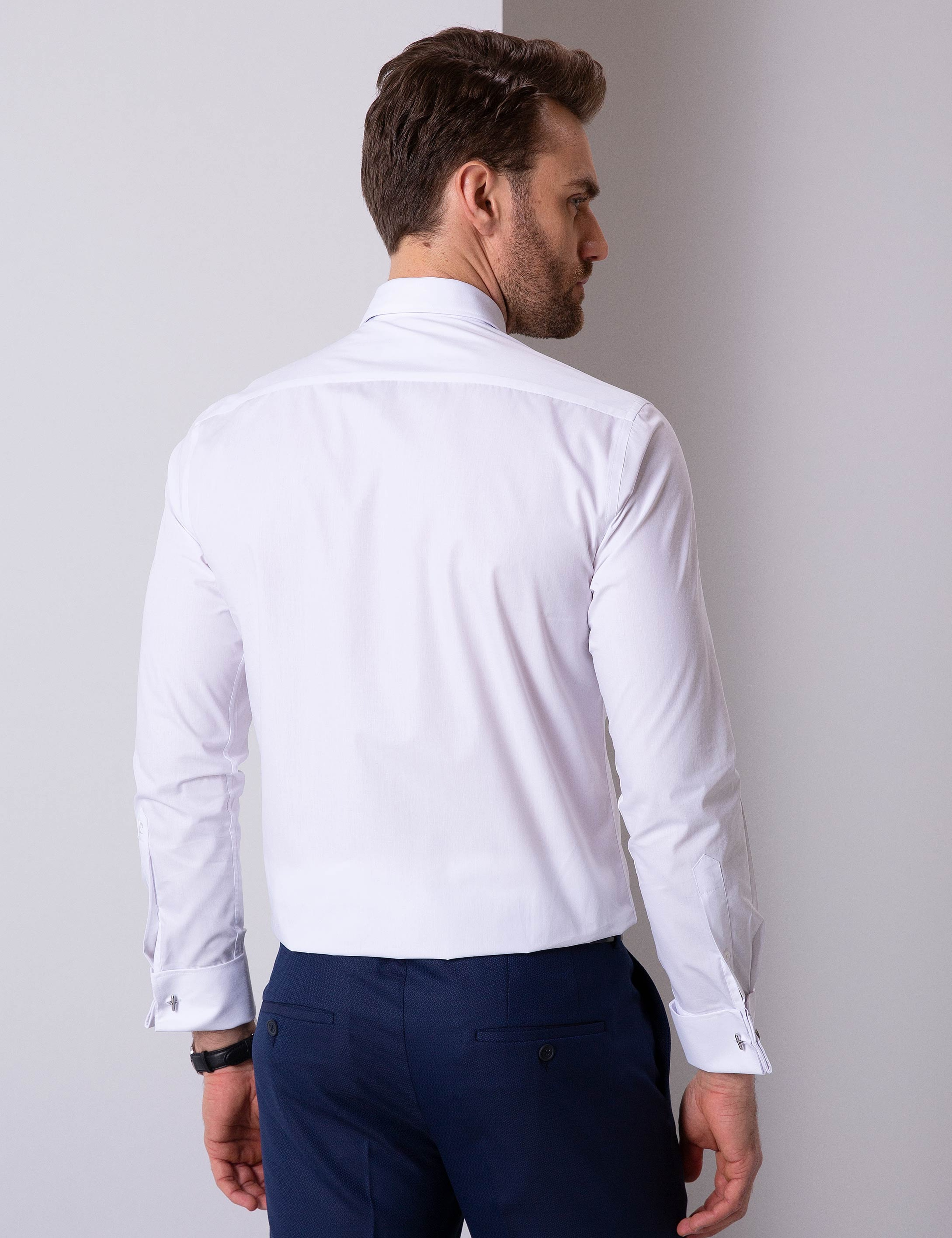 Beyaz Slim Fit Uzun Kollu Basic Gömlek - Image 3