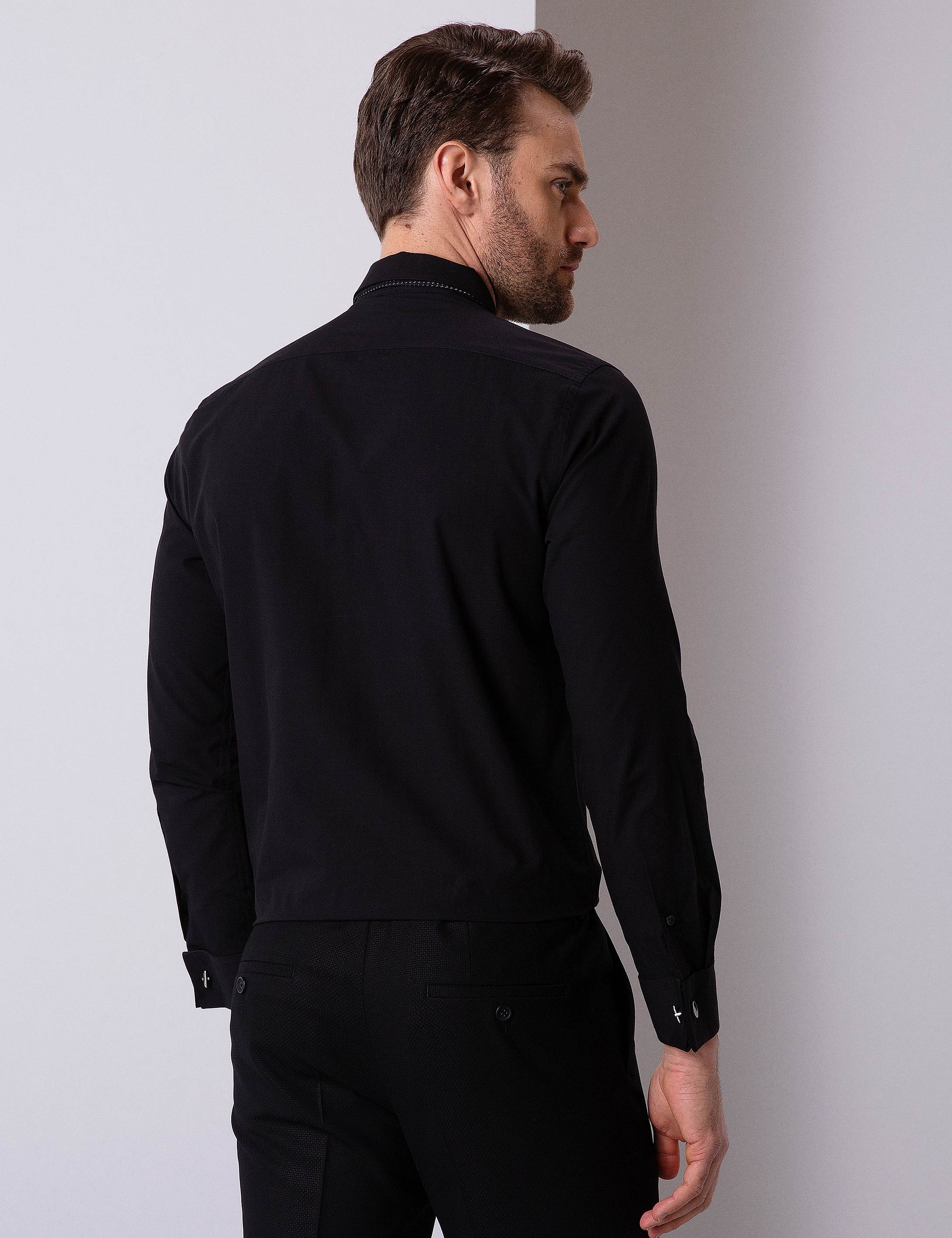 Siyah Slim Fit Uzun Kollu Basic Gömlek - Image 3