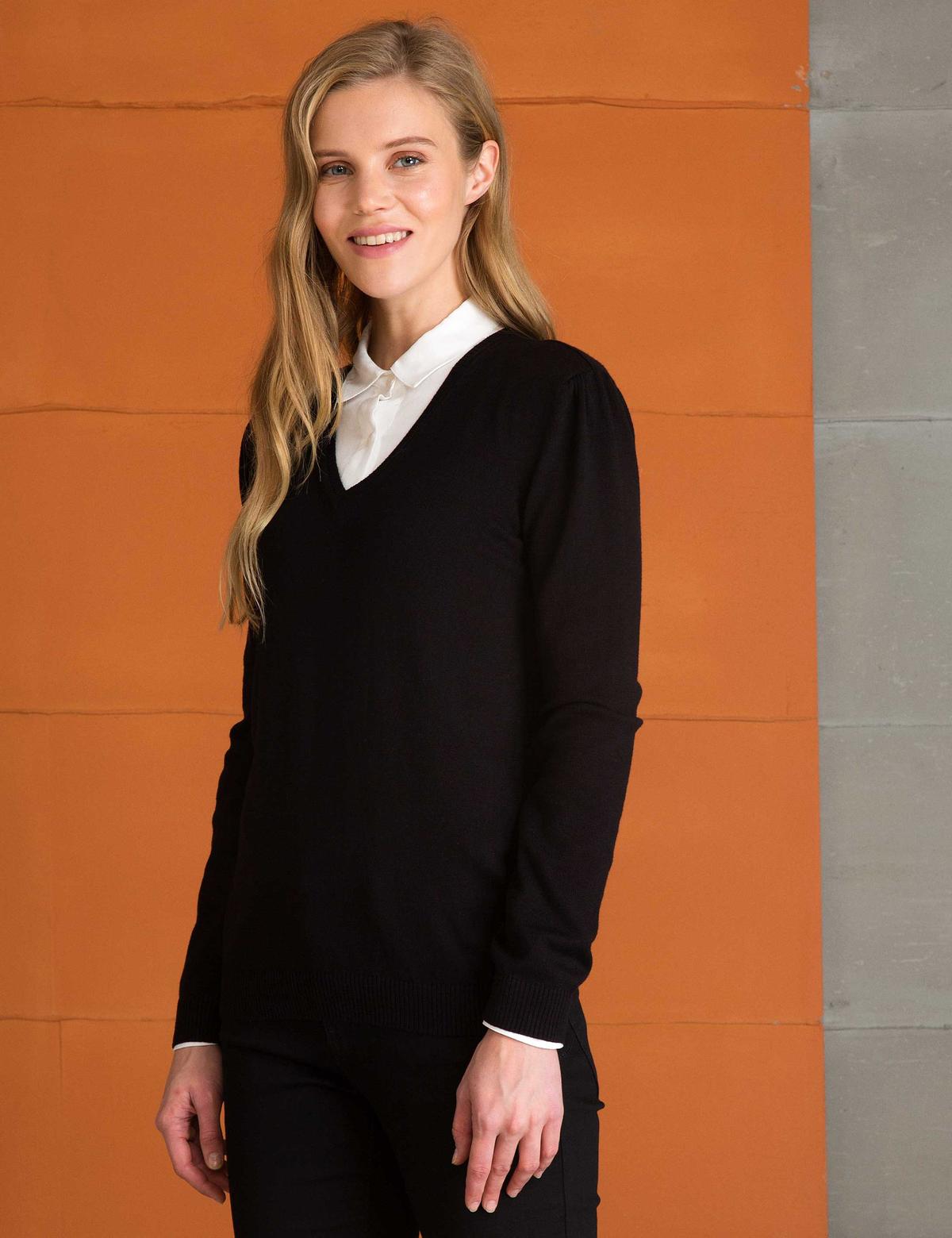 Siyah Slim Fit V Yaka Triko Kazak - 50197143043