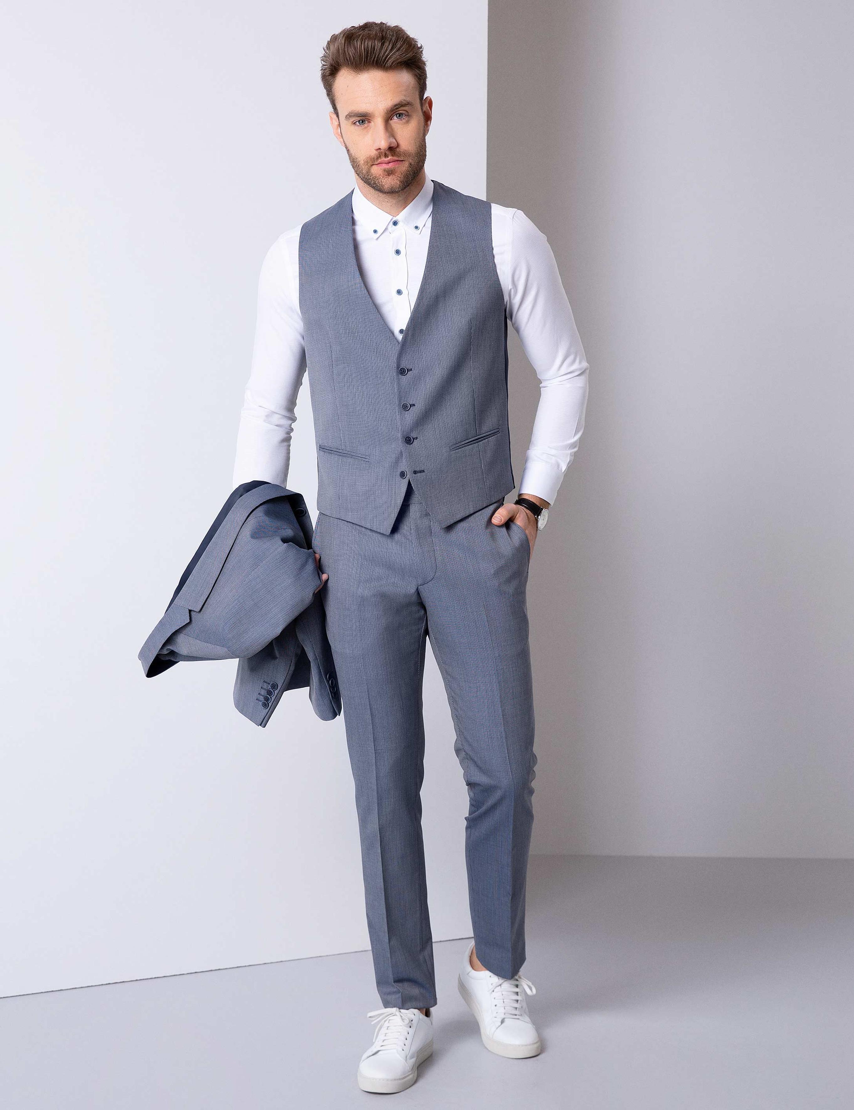 Lacivert Slim Fit Yelekli Takım Elbise