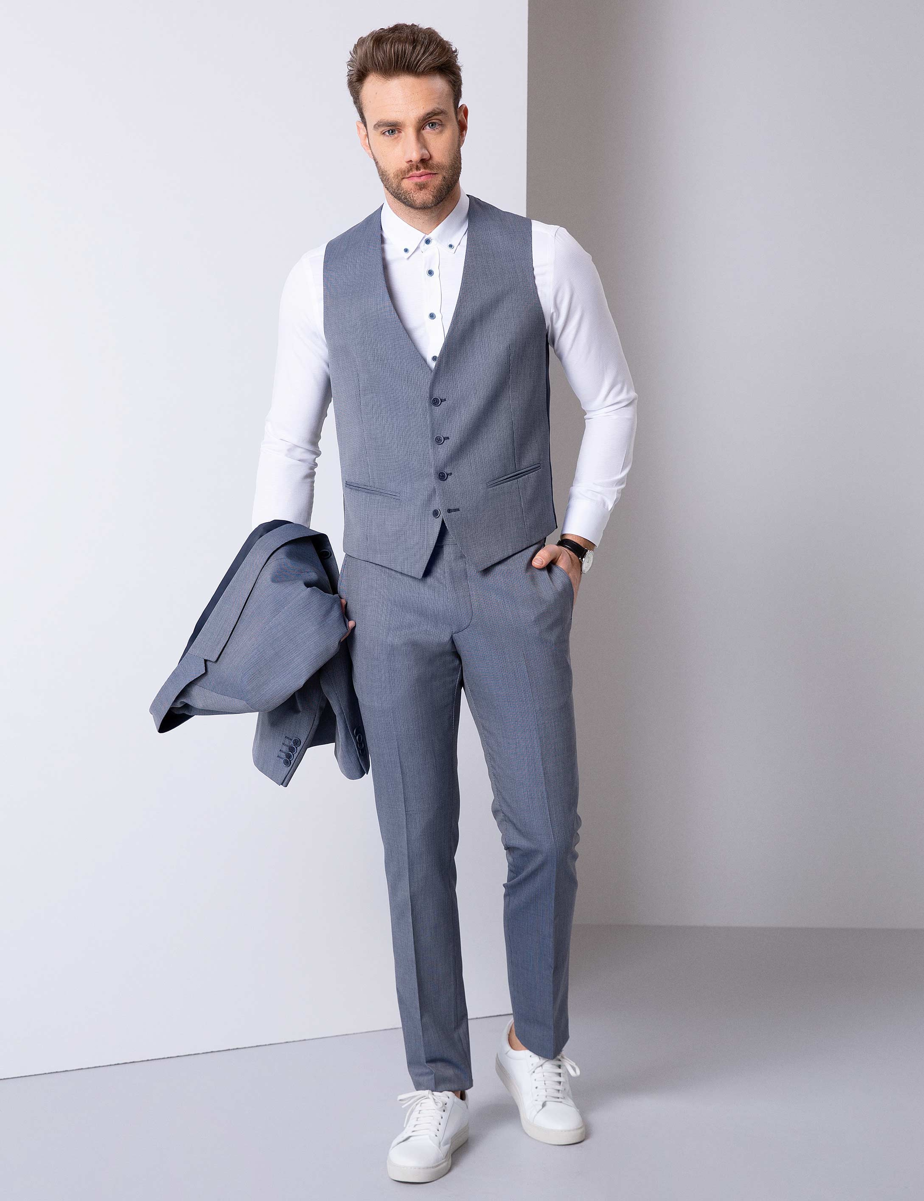 Lacivert Slim Fit Yelekli Takım Elbise