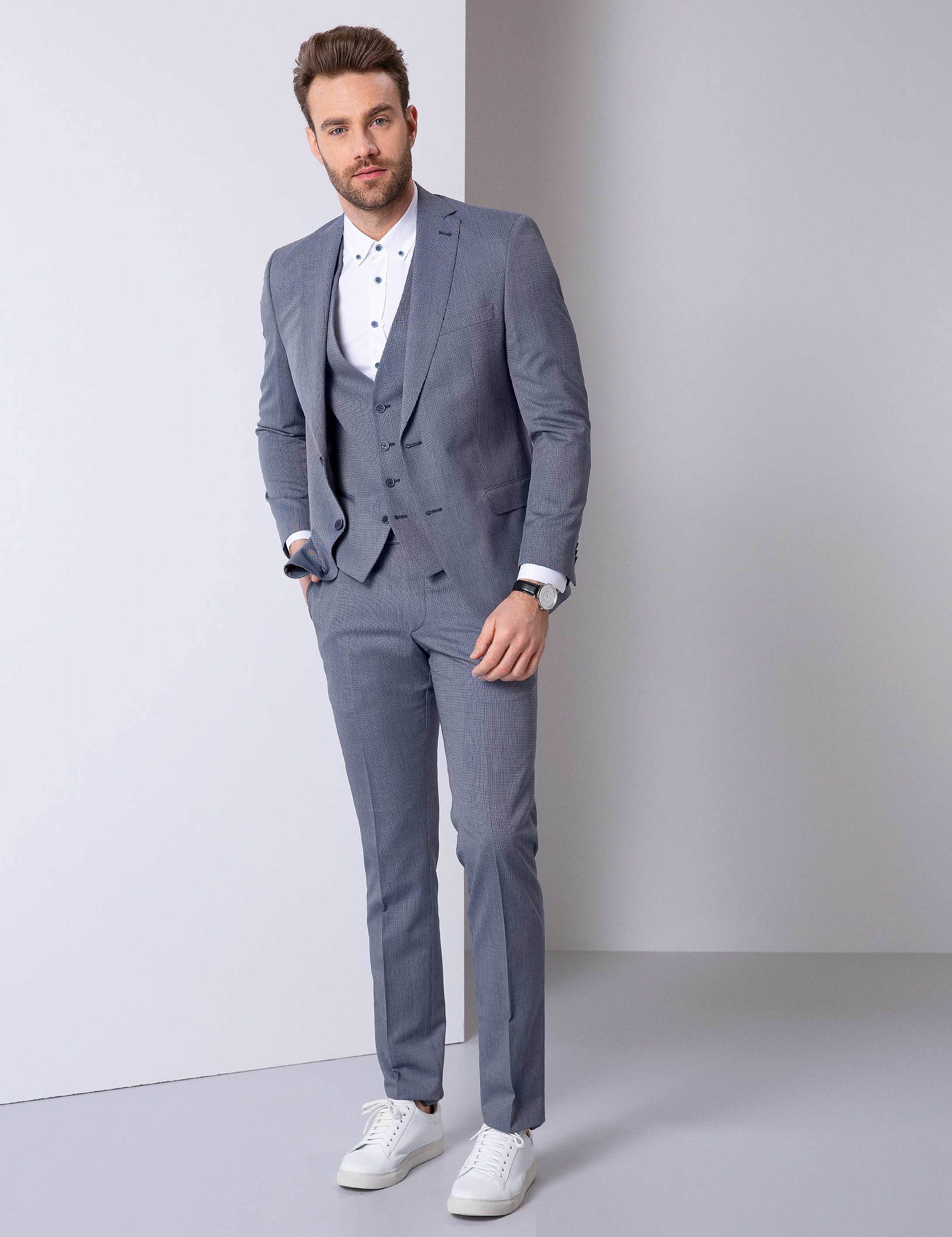 Lacivert Slim Fit Yelekli Takım Elbise - Image 1