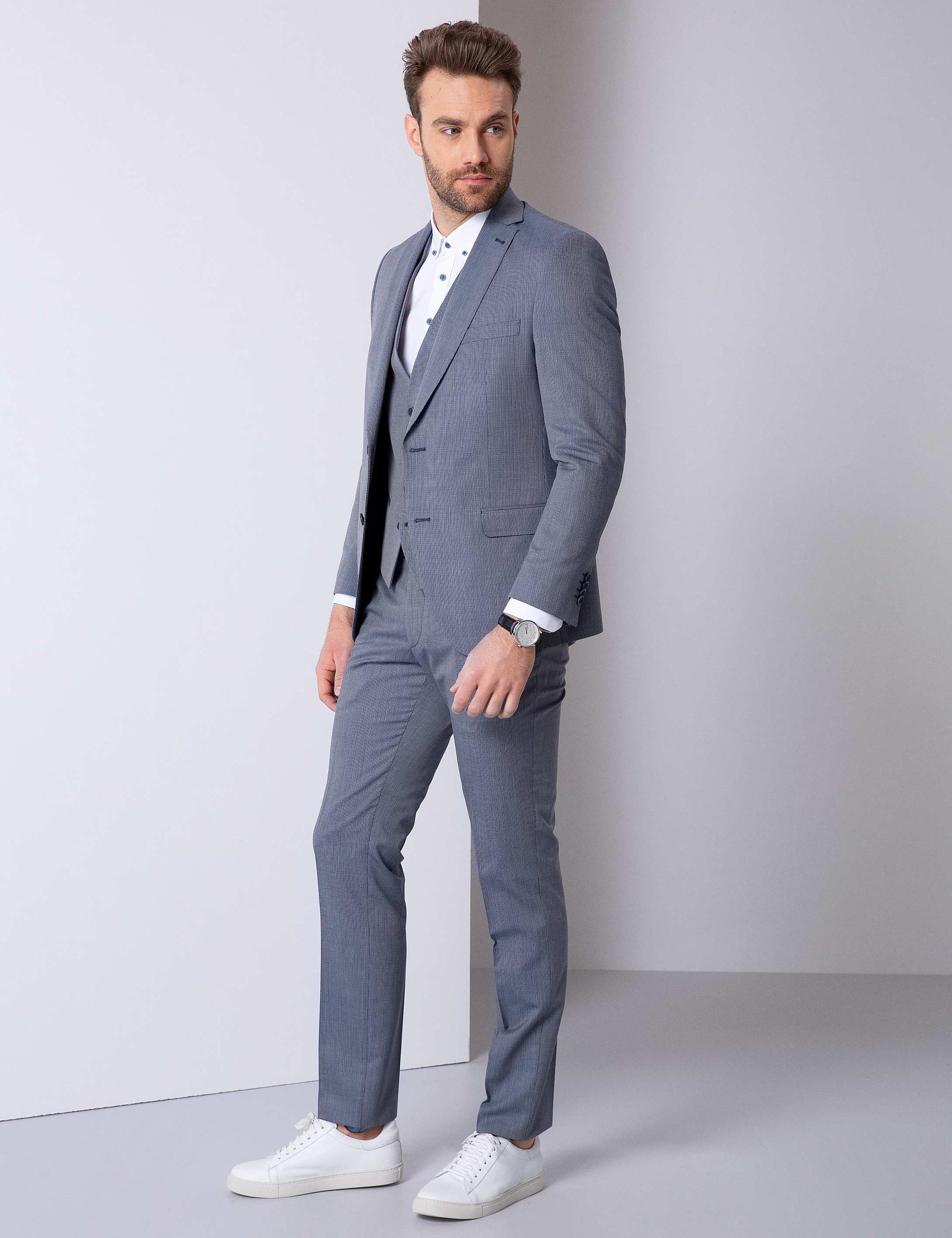 Lacivert Slim Fit Yelekli Takım Elbise