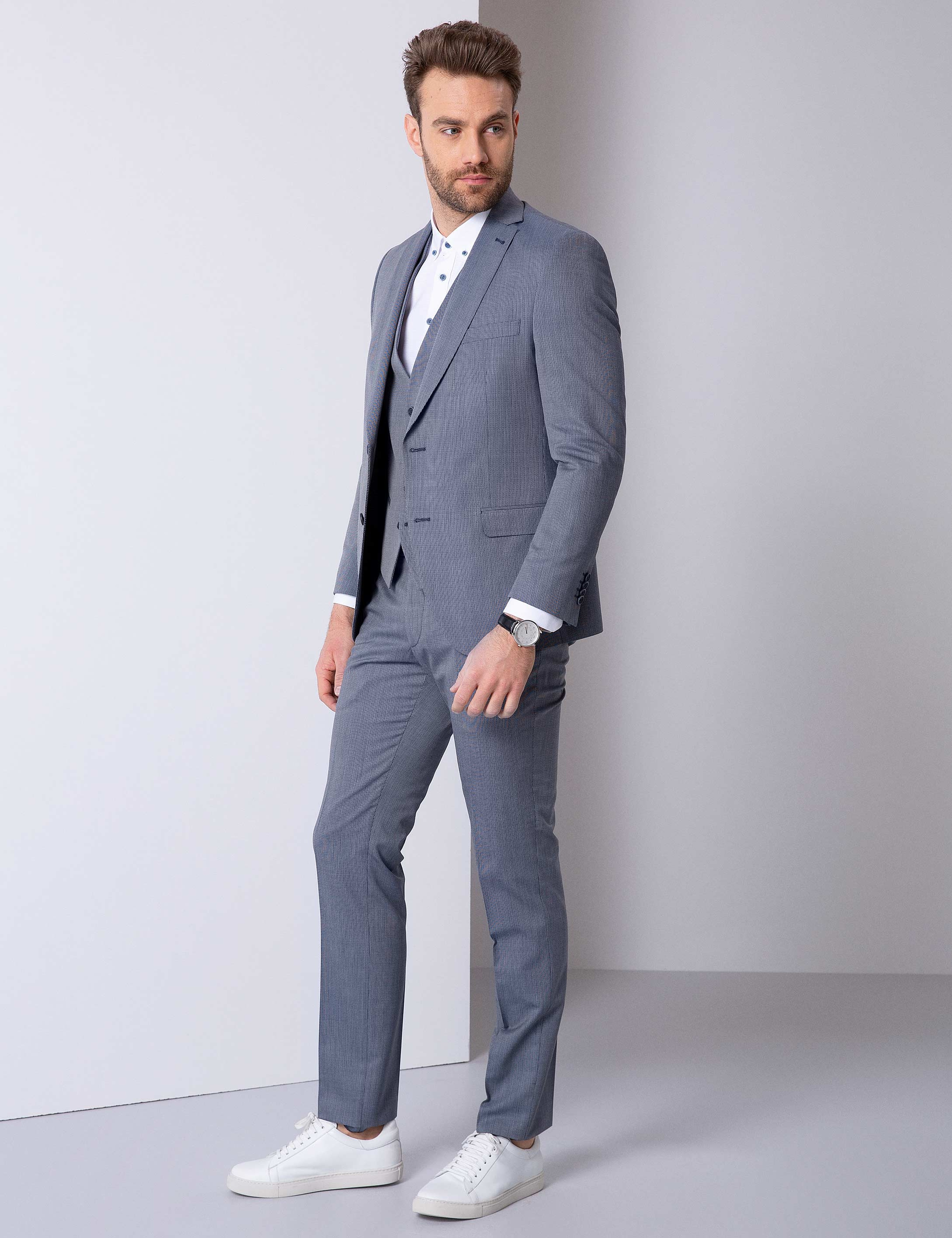 Lacivert Slim Fit Yelekli Takım Elbise - Image 3