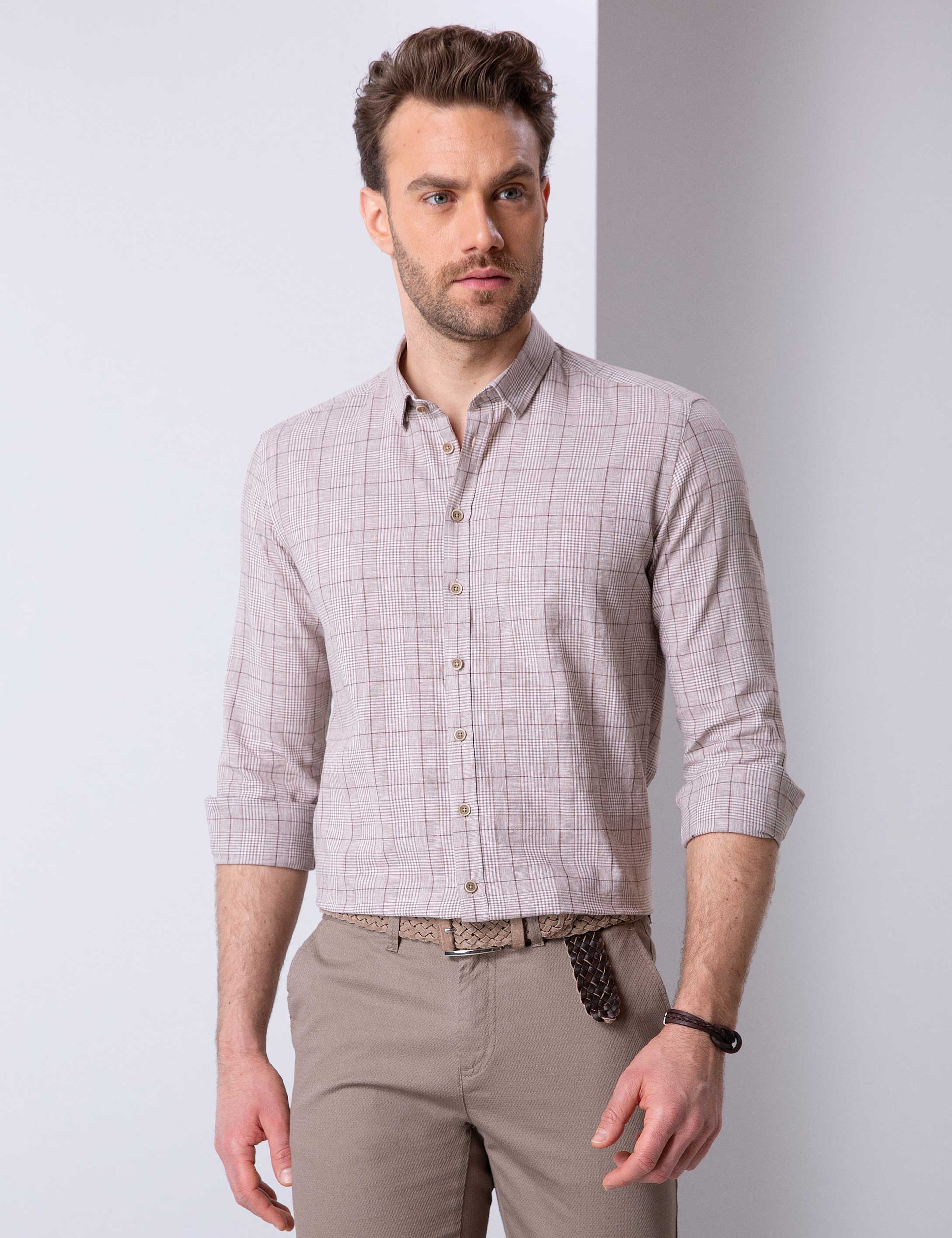 Kahverengi Slim Fit Uzun Kollu Gömlek - Image 1