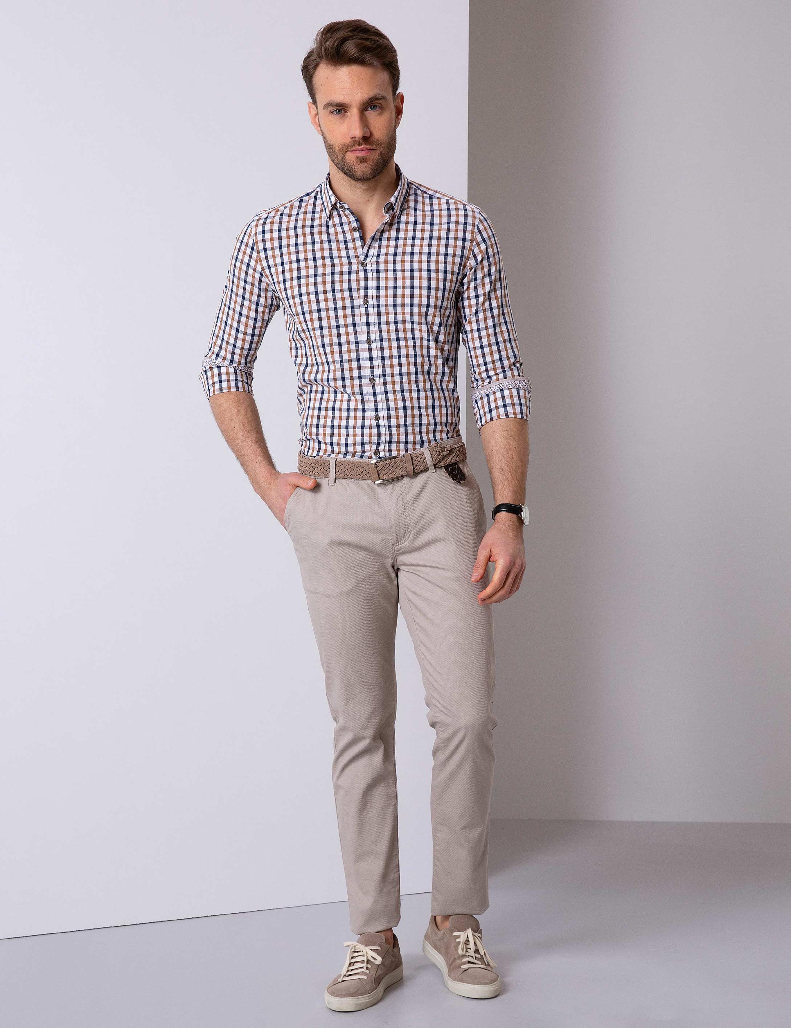 Kahverengi Slim Fit Uzun Kollu Gömlek